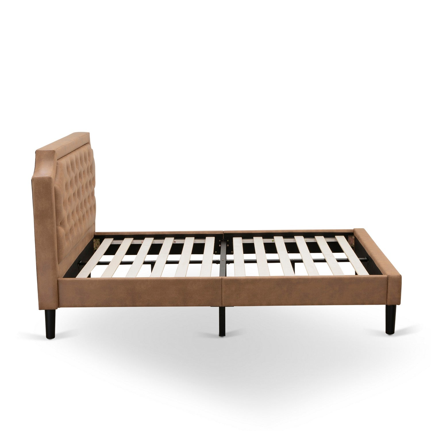 East West Furniture GB28Q-1GA08 2-Piece Platform Bed Set with Button Tufted Queen Size Bed and 1 Antique Walnut Mid Century Nightstand - Brown faux Leather with Brown Texture and Black Legs
