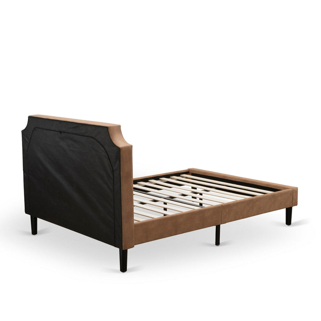 East West Furniture GB28Q-2HI08 3-Pc Platform Queen Bed Set with Button Tufted Wood Bed Frame and 2 Antique Walnut Mid Century Nightstands - Brown Faux Leather with Brown Texture and Black Legs