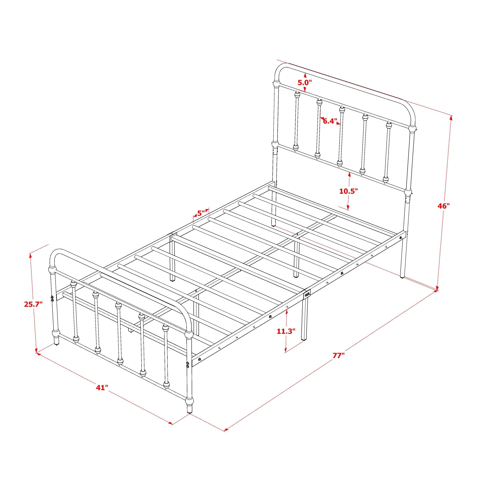 East West Furniture GDTBSIL Garland - Cama individual con 6 patas de metal - Cama de lujo con recubrimiento en polvo color plata