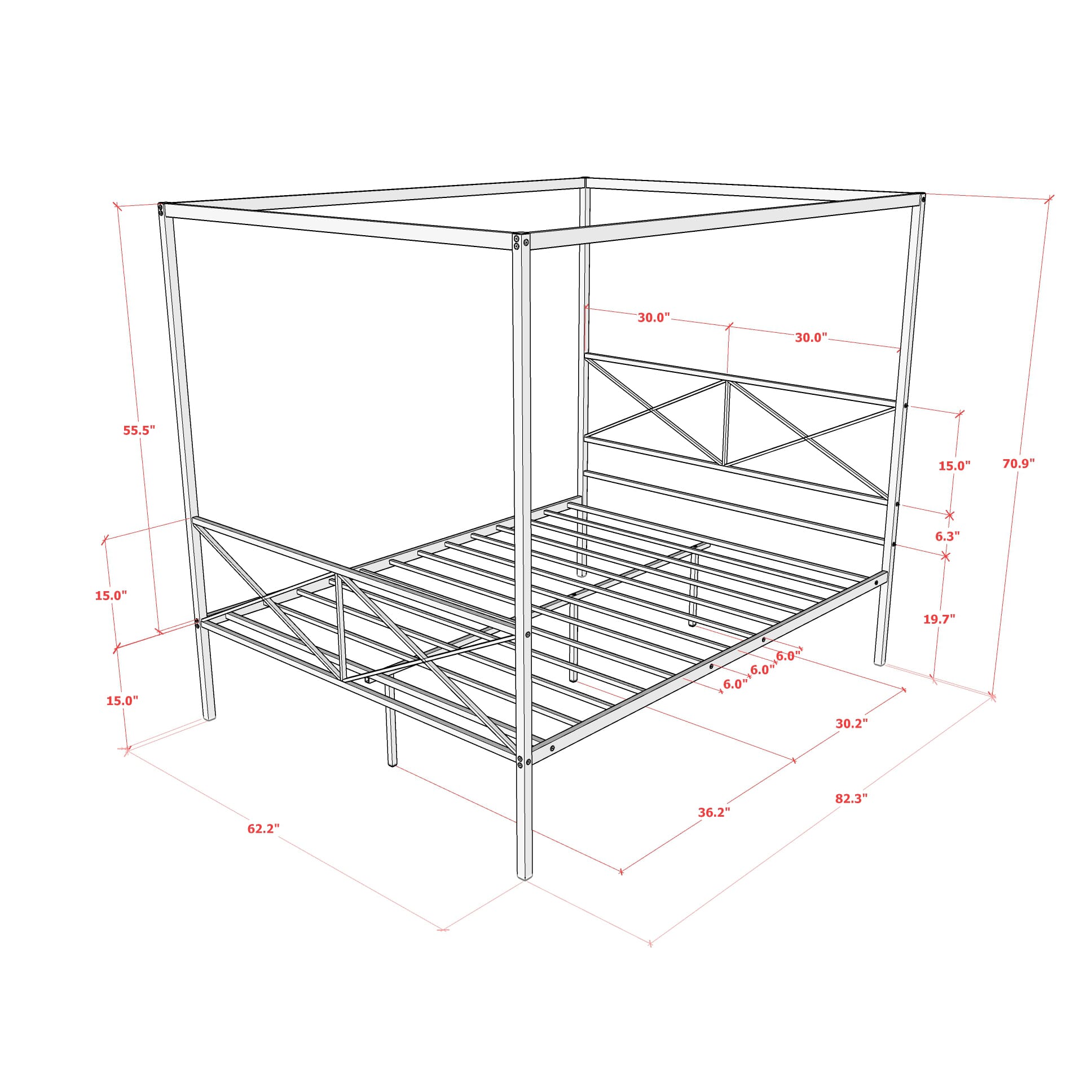 EAST WEST FURNITURE - GEQCWHI - Glendale Queen Size Bed Frame with Modern Designed Headboard and Footboard - Canopy Metal Frame in Powder Coating Linen white