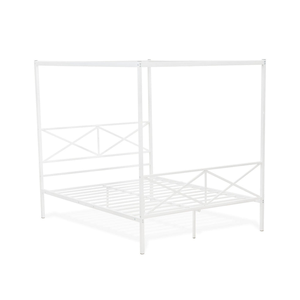 East West Furniture GEQCWHI Glendale - Estructura de cama tamaño queen con cabecera y pie de cama de diseño moderno - Estructura de metal con dosel y recubrimiento en polvo blanco