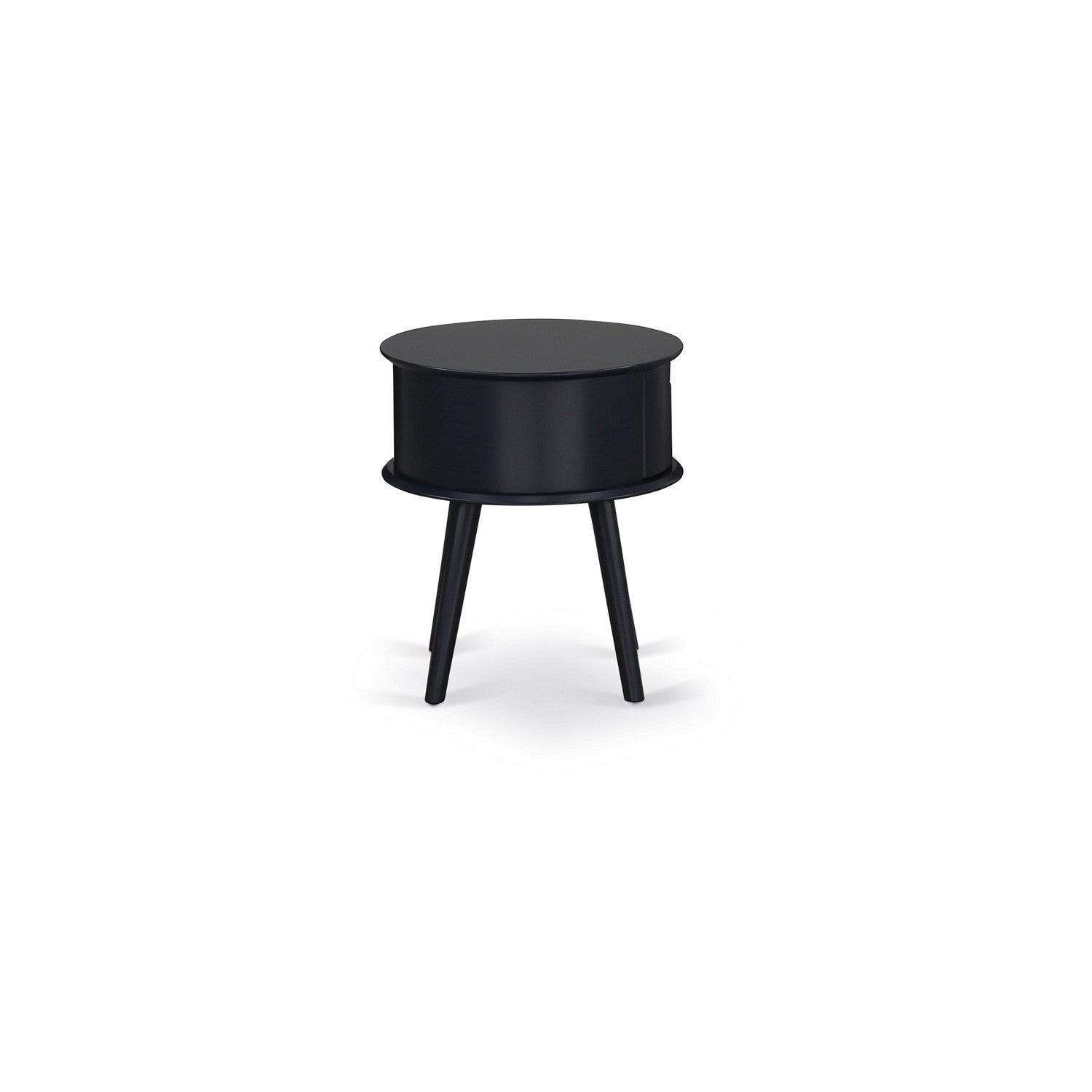 Juego de cama de 2 piezas East West Furniture NL14K-1GO11: estructura de cama de madera con botones capitoné, cabecera tapizada en terciopelo marrón topo y mesita de noche con acabado negro.