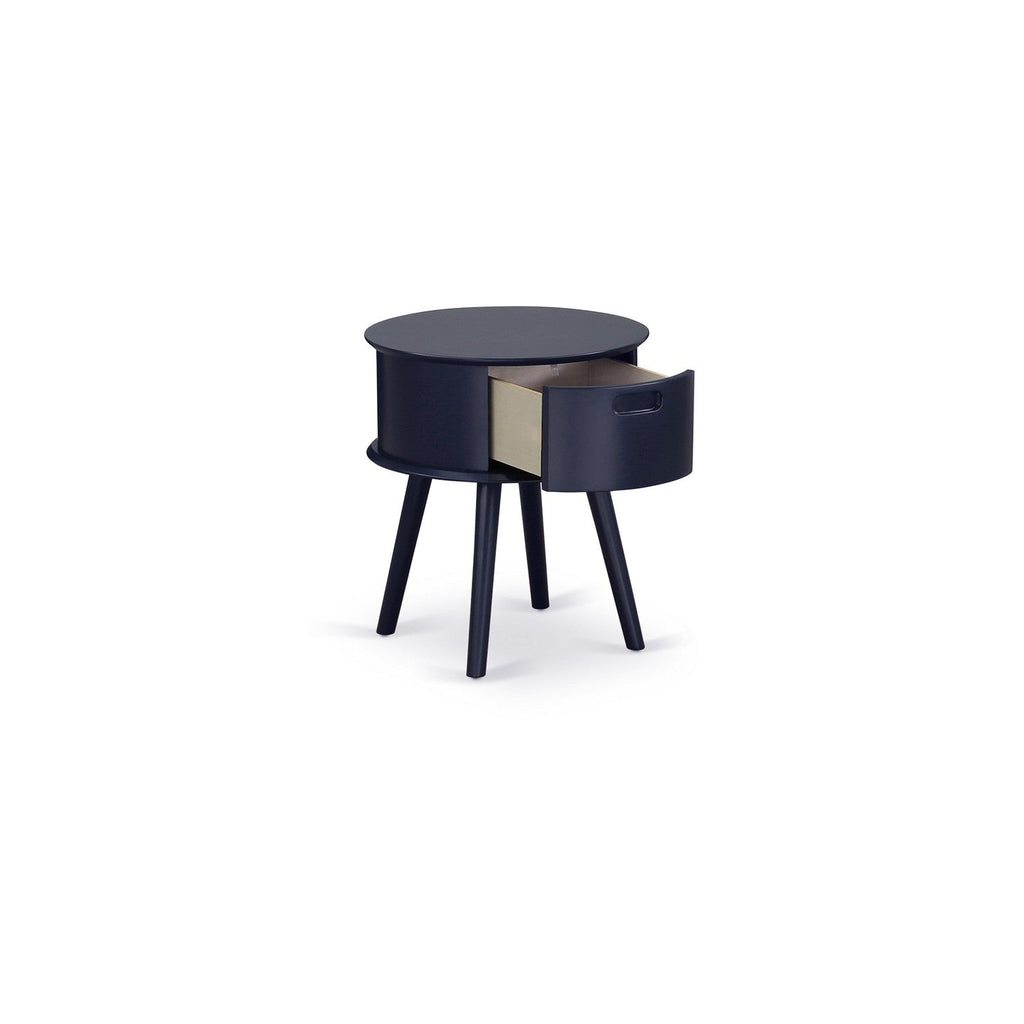 East West Furniture GONE15 Gordon Round Night Stand End Table With Drawer in Navy Blue Finish