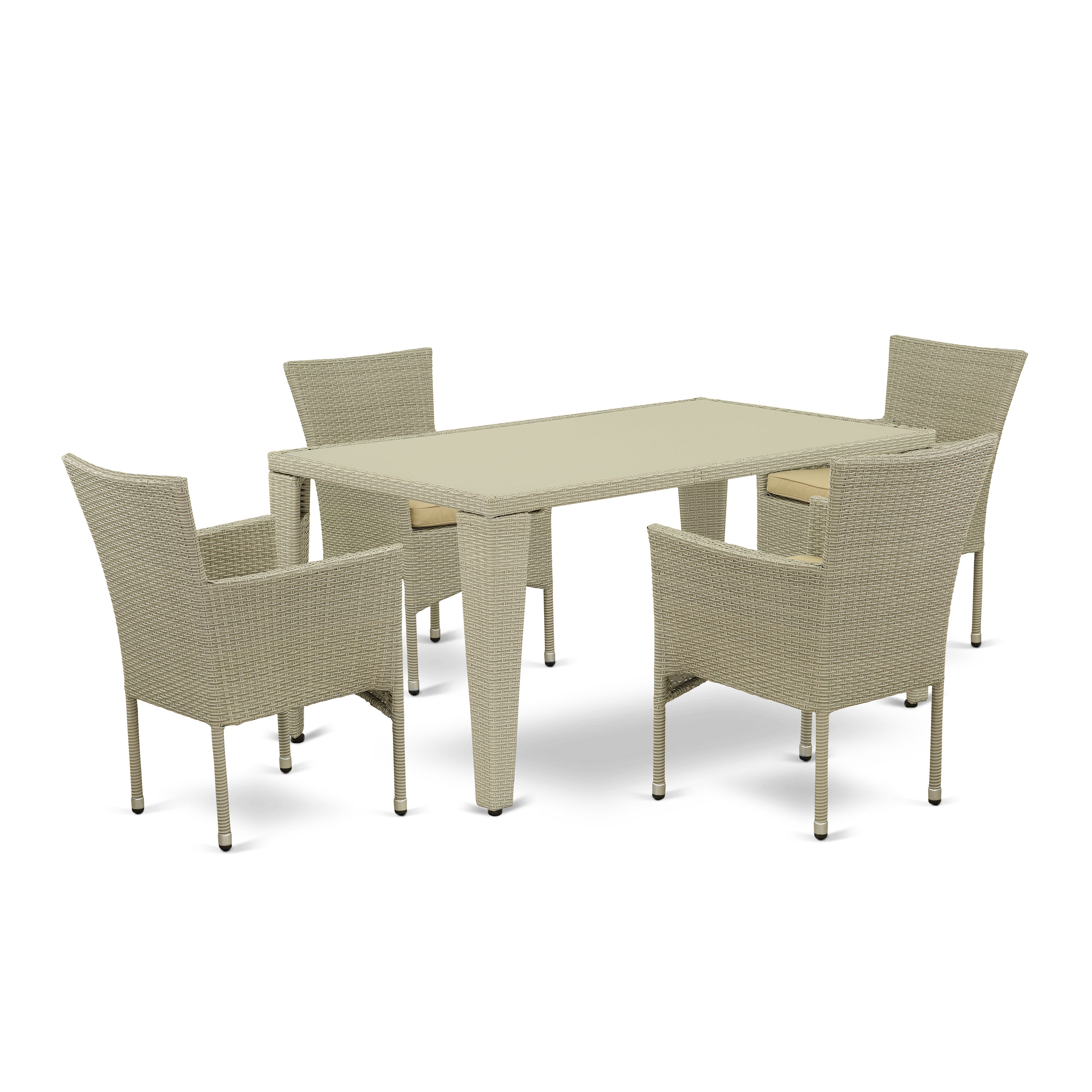 GUBK5-03A 5Pc Outdoor-Furniture Natural Color Wicker Dining Set Includes a Patio Table and 4 Balcony Backyard Armchair with Linen Fabric Cushion