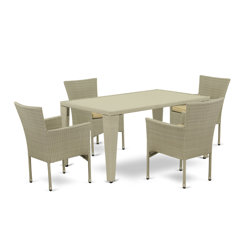 East West Furniture GUBK5-03A 5 Piece Patio Furniture Sets Wicker Outdoor Set Includes a Rectangle Dining Table with Glass Top and 4 Balcony Armchair with Cushion