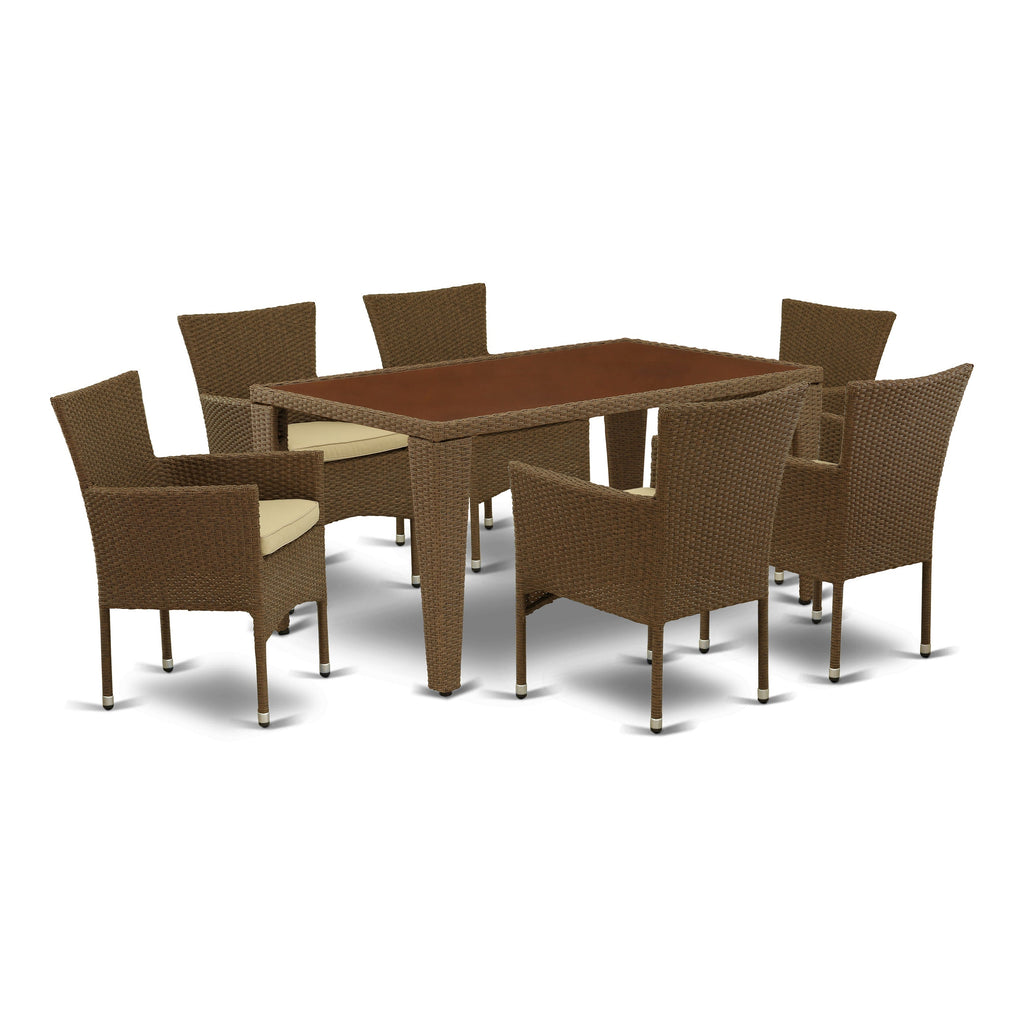 East West Furniture GUBK7-02A 7 Piece Wicker Patio Furniture Set Consist of a Rectangle Outdoor Table with Glass Top and 6 Balcony Backyard Armchair with Cushion