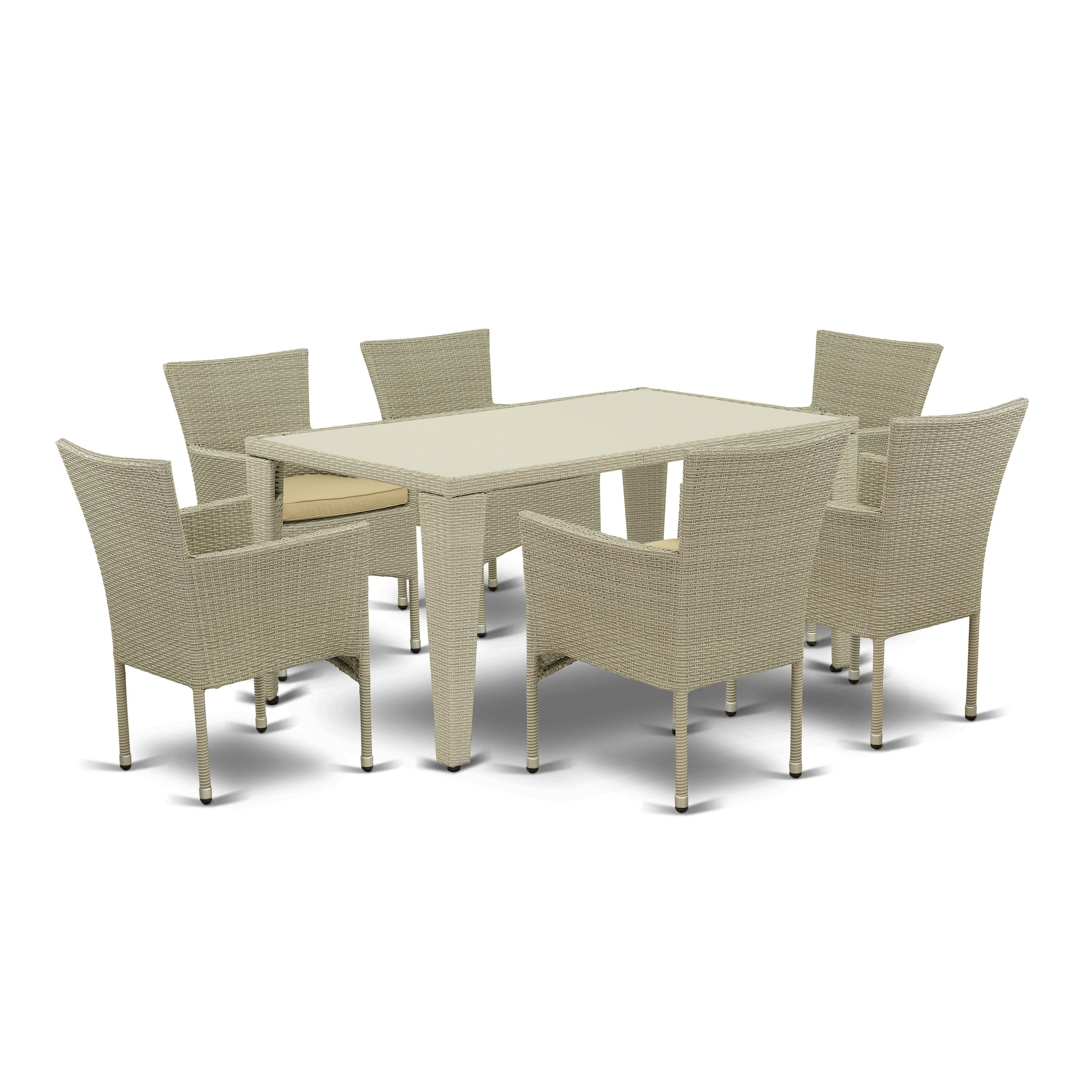 Los conjuntos de conversación para patio al aire libre de 7 piezas GUBK7-03A de East West Furniture constan de una mesa de comedor rectangular de mimbre con tapa de vidrio y 6 sillones de jardín con cojín.