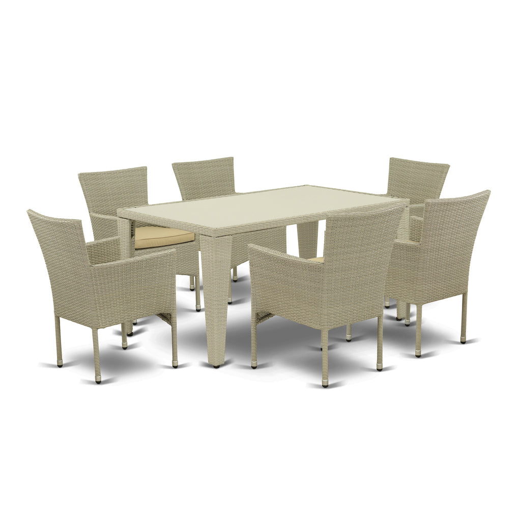 East West Furniture GUBK7-03A 7 Piece Outdoor Patio Conversation Sets Consist of a Rectangle Wicker Dining Table with Glass Top and 6 Backyard Armchair with Cushion