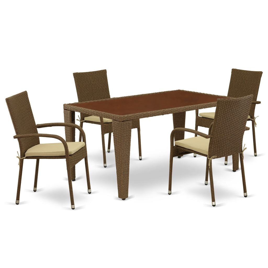 East West Furniture GUGU5-02A 5 Piece Wicker Patio Furniture Set Includes a Rectangle Outdoor Table with Glass Top and 4 Balcony Backyard Armchair with Cushion