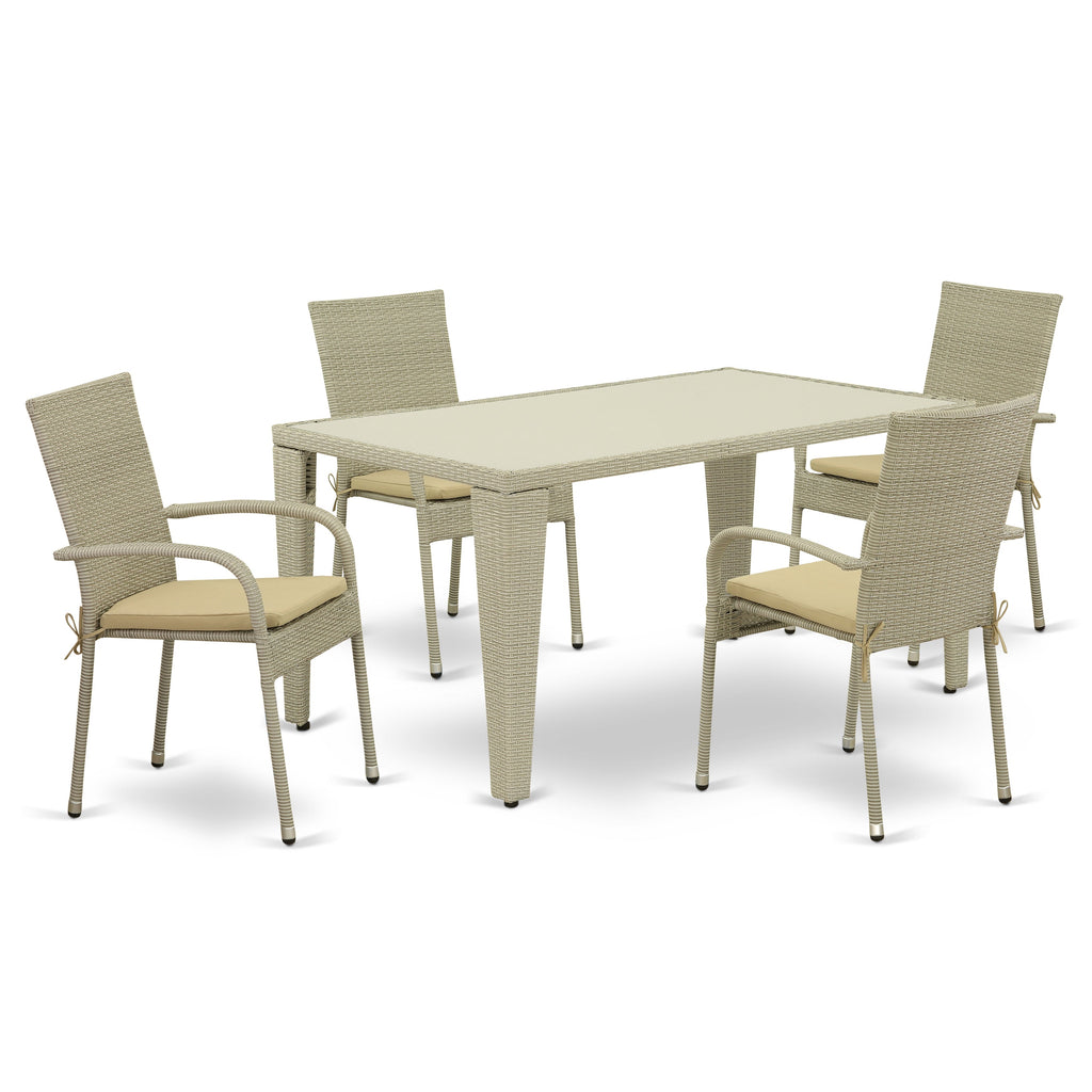 East West Furniture GUGU5-03A 5 Piece Outdoor Patio Conversation Sets Includes a Rectangle Wicker Dining Table with Glass Top and 4 Balcony Backyard Armchair with Cushion