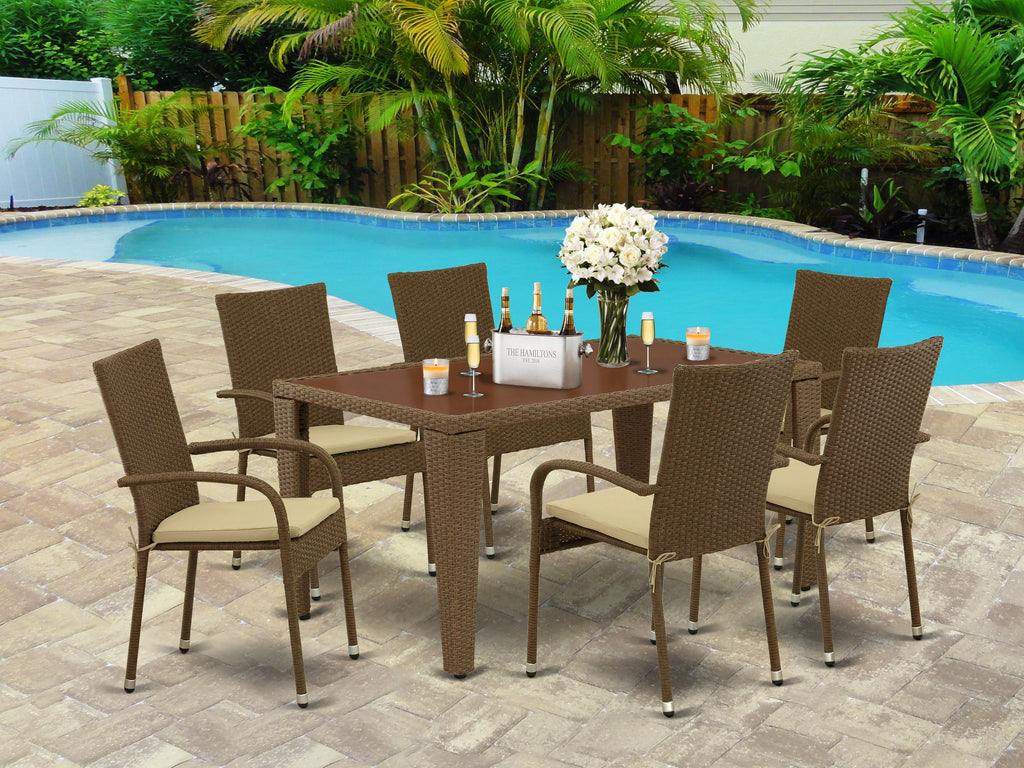 East West Furniture GUGU7-02A 7 Piece Outdoor Patio Conversation Sets Consist of a Rectangle Wicker Dining Table with Glass Top and 6 Backyard Armchair with Cushion, 36x60 Inch, Brown