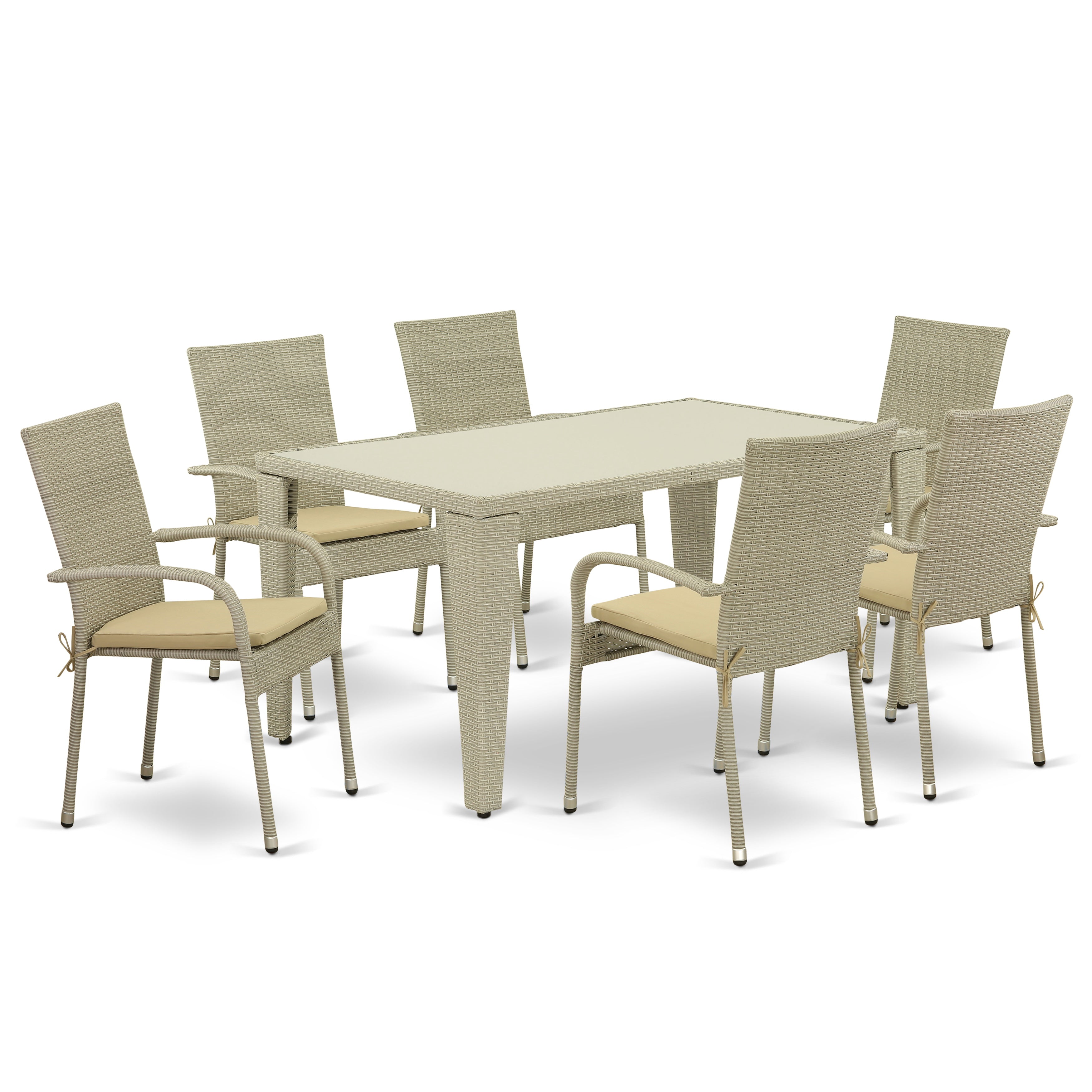 Los juegos de muebles de patio de mimbre para exterior GUGU7-03A de East West Furniture, de 7 piezas, constan de una mesa de comedor de bistró rectangular con tapa de vidrio y 6 sillones de balcón con cojín.
