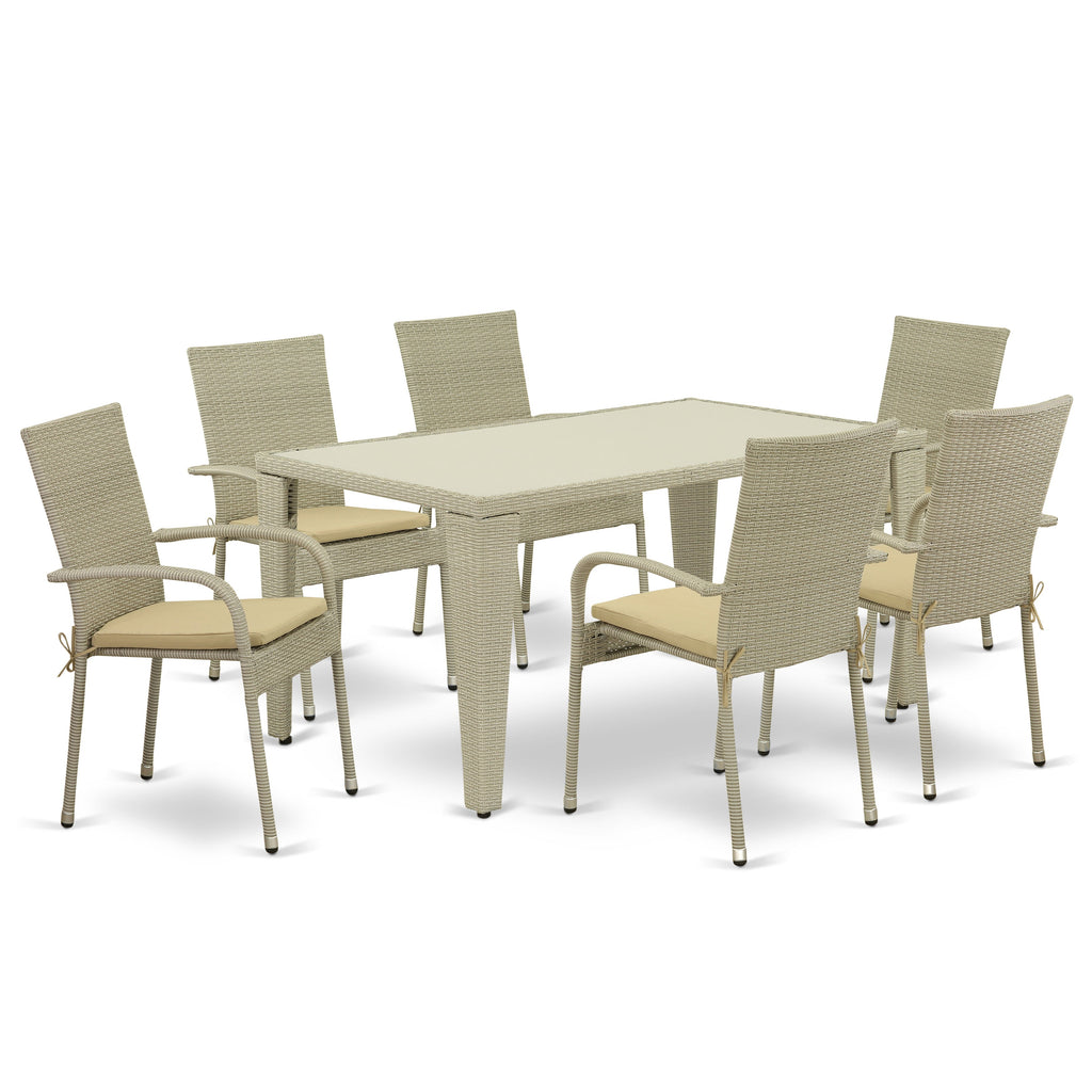 East West Furniture GUGU7-03A 7 Piece Outdoor Wicker Patio Furniture Sets Consist of a Rectangle Bistro Dining Table with Glass Top and 6 Balcony Armchair with Cushion