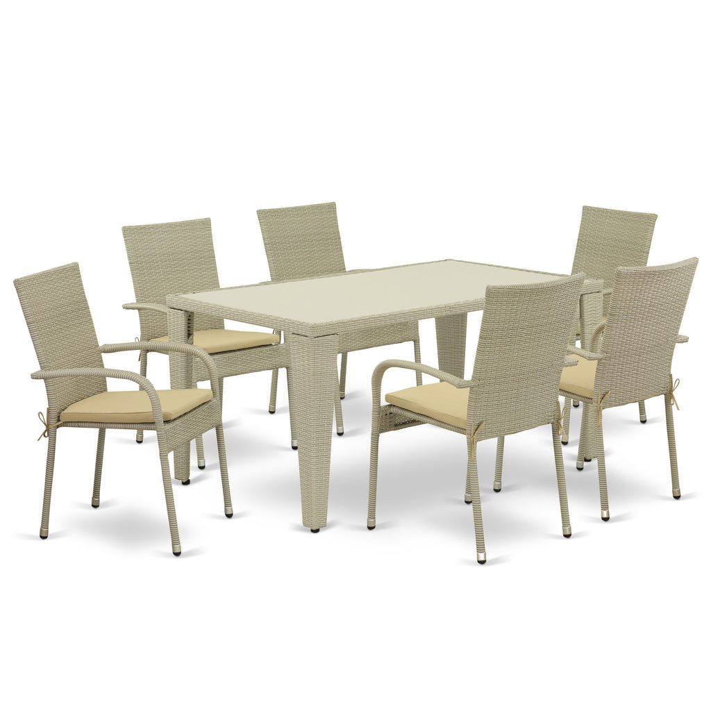 East West Furniture GUGU7-03A 7 Piece Outdoor Wicker Patio Furniture Sets Consist of a Rectangle Bistro Dining Table with Glass Top and 6 Balcony Armchair with Cushion, 36x60 Inch, Natural Linen