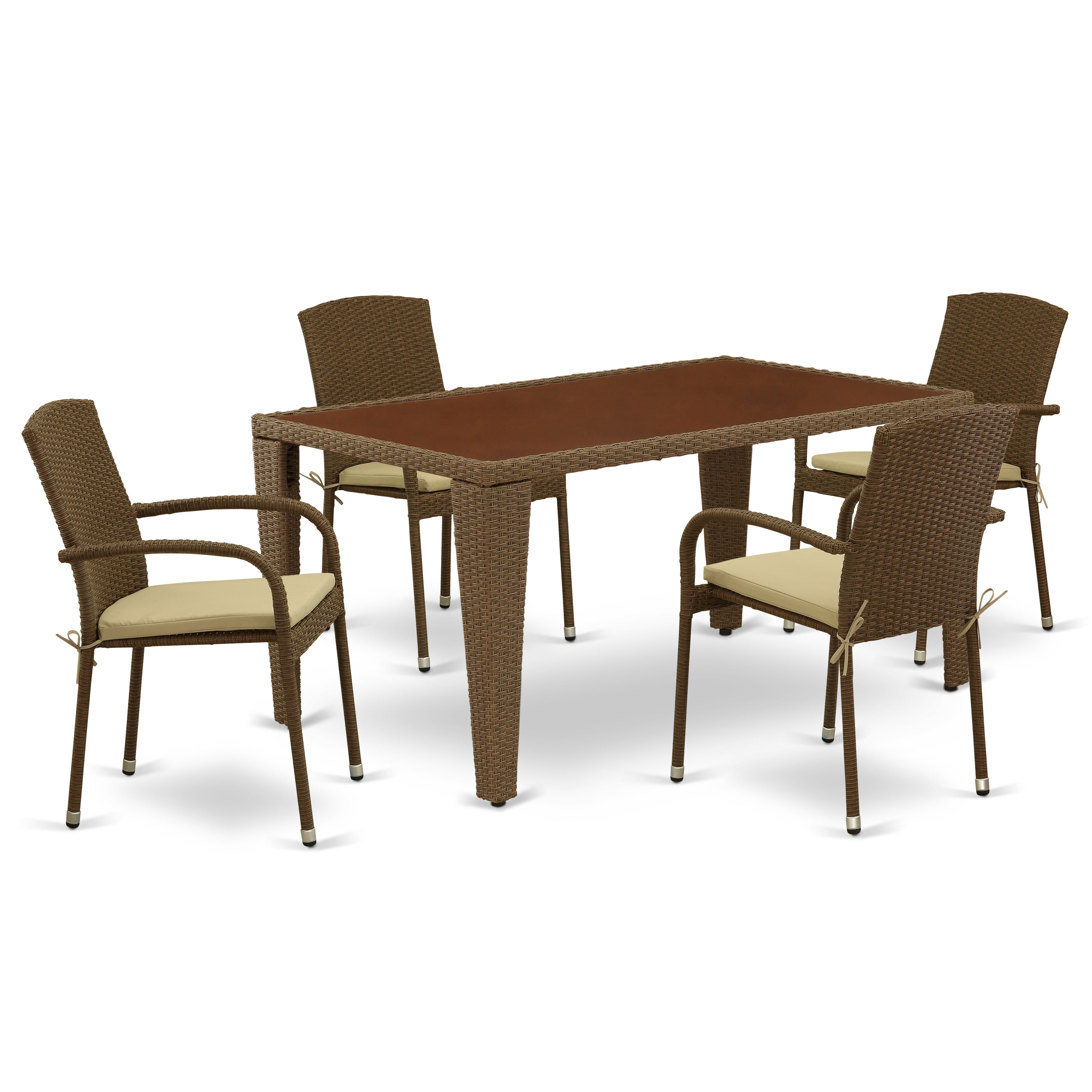 GUJU5-02A 5Pc Outdoor-Furniture Brown Wicker Dining Set Includes a Patio Table and 4 Balcony Backyard Armchair with Linen Fabric Cushion