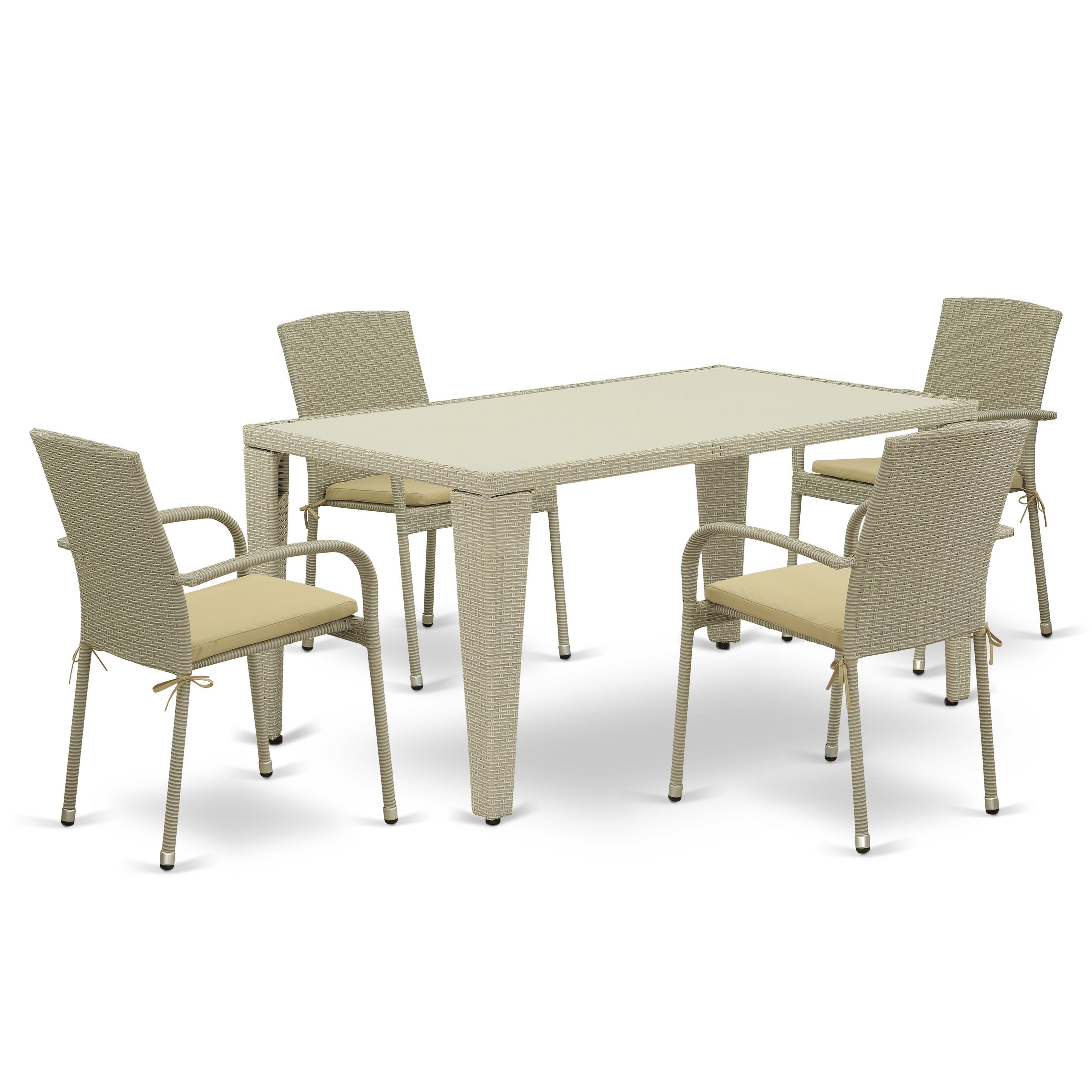 East West Furniture GUJU5-03A Juego de muebles de patio de 5 piezas Juego de exterior de mimbre Incluye una mesa de comedor rectangular con tapa de vidrio y 4 sillones de balcón con cojín