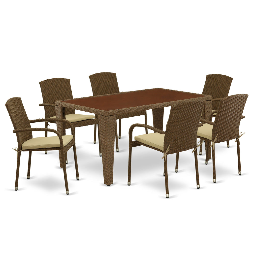 East West Furniture GUJU7-02A 7 Piece Outdoor Wicker Patio Furniture Sets Consist of a Rectangle Bistro Dining Table with Glass Top and 6 Balcony Armchair with Cushion