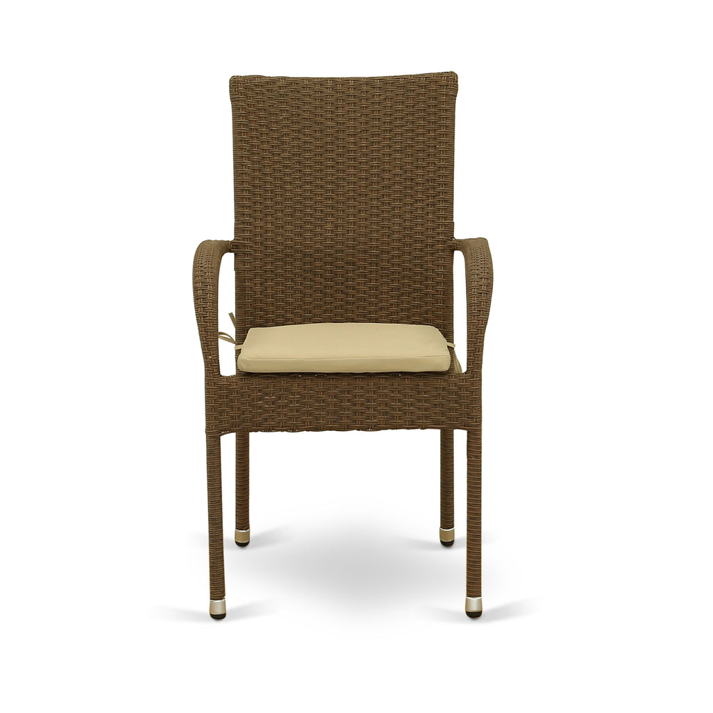 Los juegos de conversación para patio al aire libre JUGU7-02A de 7 piezas de East West Furniture constan de una mesa de comedor rectangular de mimbre con tapa de vidrio y 6 sillones de jardín con cojín.
