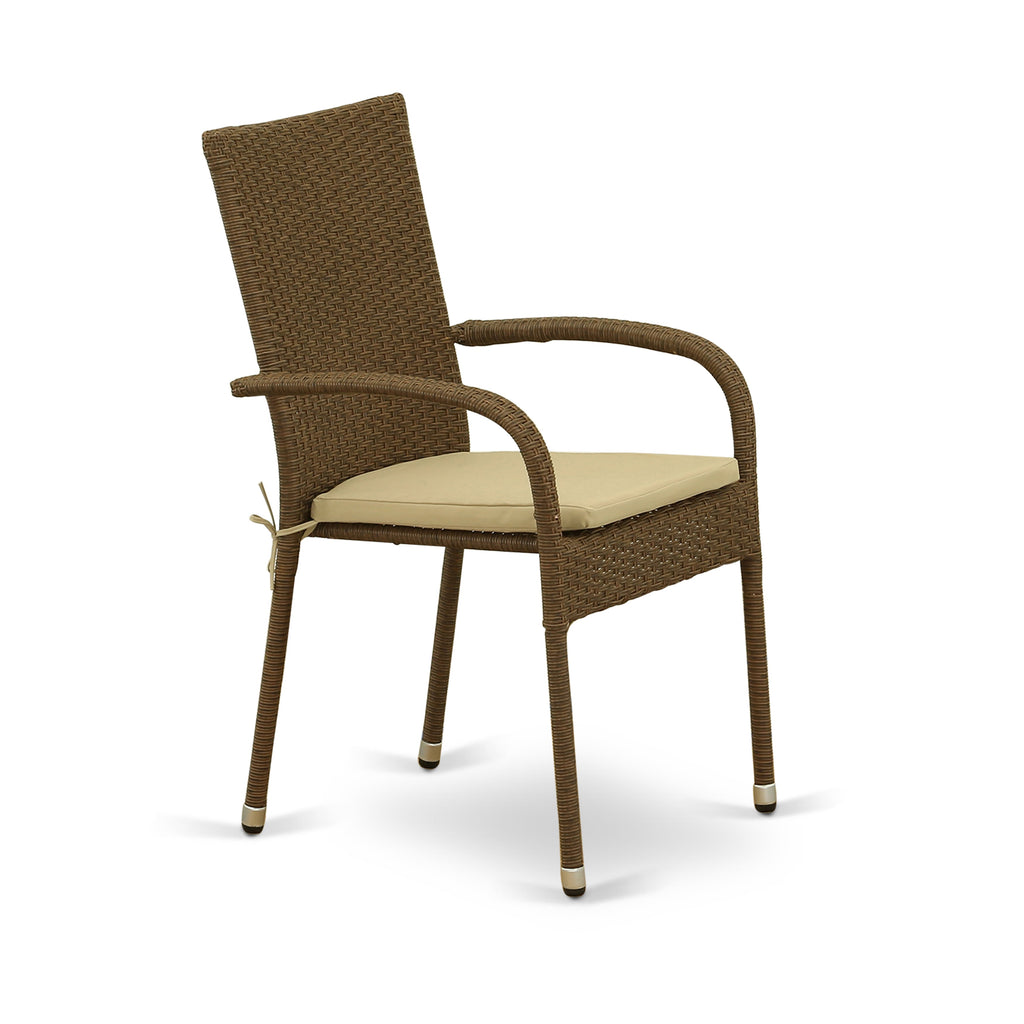 Los juegos de conversación para patio al aire libre JUGU7-02A de 7 piezas de East West Furniture constan de una mesa de comedor rectangular de mimbre con tapa de vidrio y 6 sillones de jardín con cojín.