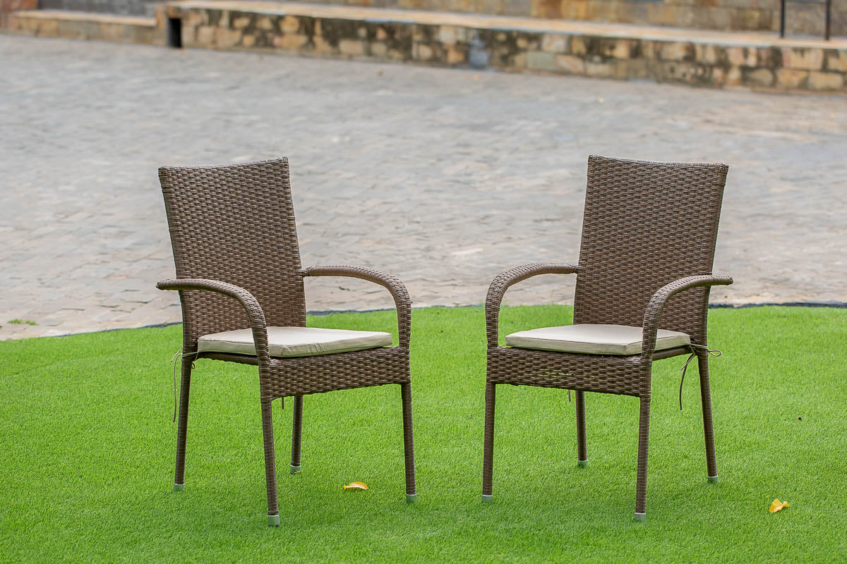 GUGU5-02A 5Pc Outdoor-Furniture Brown Wicker Dining Set Includes a Patio Table and 4 Balcony Backyard Armchair with Linen Fabric Cushion