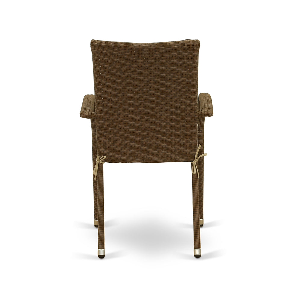 Los juegos de conversación para patio al aire libre JUGU7-02A de 7 piezas de East West Furniture constan de una mesa de comedor rectangular de mimbre con tapa de vidrio y 6 sillones de jardín con cojín.