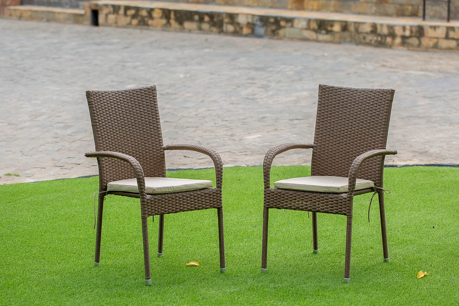 GUGU7-02A 7Pc Outdoor-Furniture Brown Wicker Dining Set Includes a Patio Table and 6 Balcony Backyard Armchair with Linen Fabric Cushion