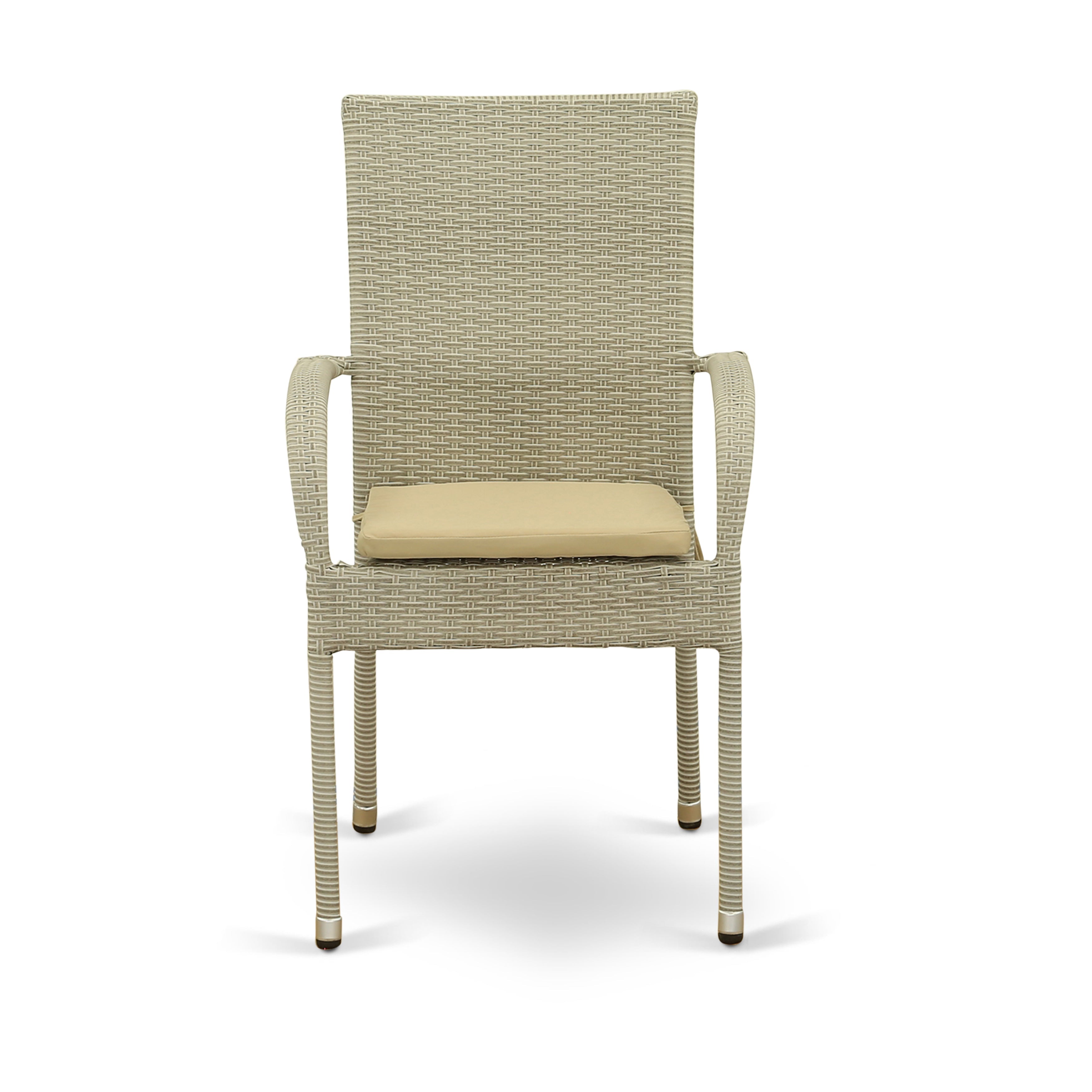 OSGU7-03A 7Pc Outdoor-Furniture Natural Color Wicker Dining Set Includes a Patio Table and 6 Balcony Backyard Armchair with Linen Fabric Cushion