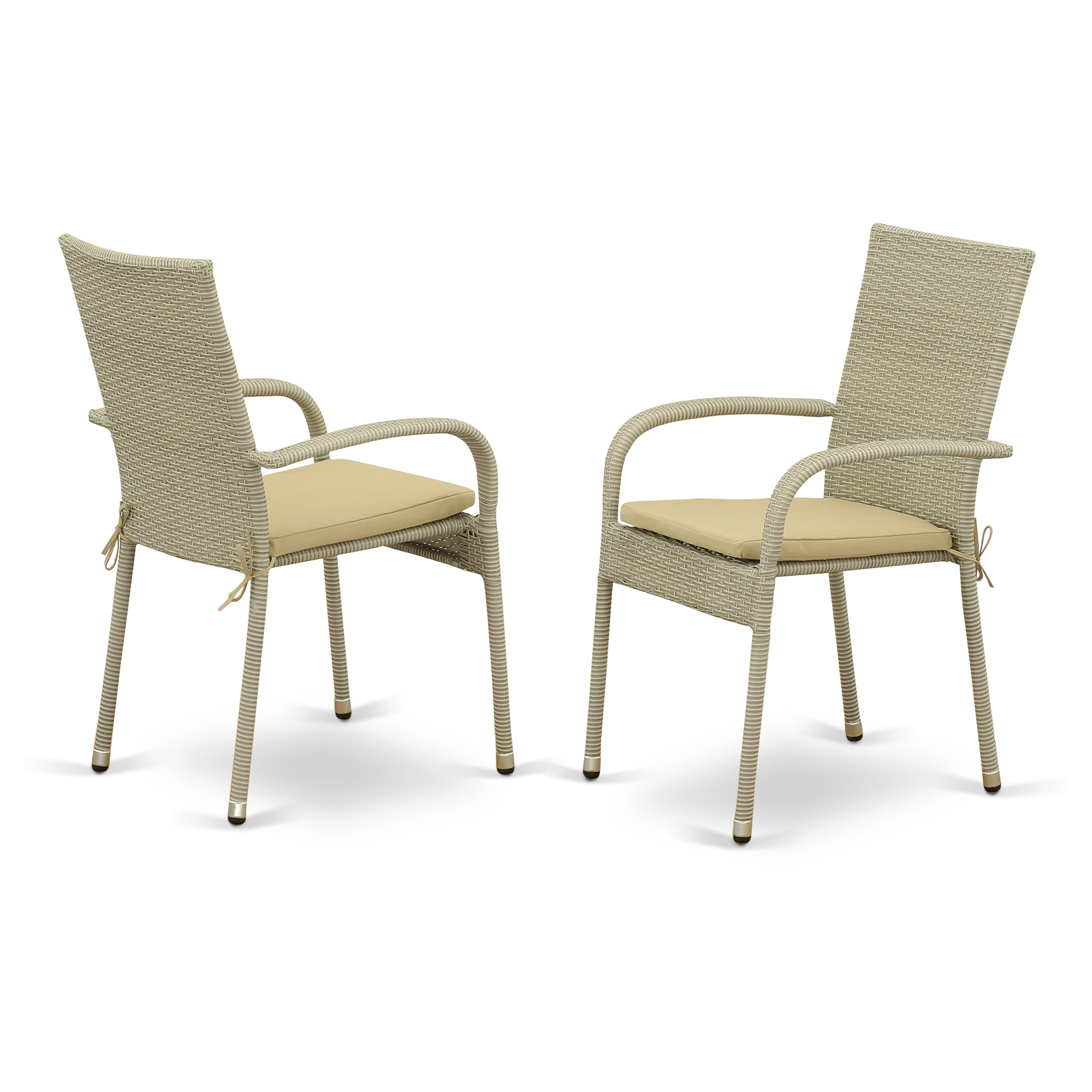 OSGU5-03A 5Pc Outdoor-Furniture Natural Color Wicker Dining Set Includes a Patio Table and 4 Balcony Backyard Armchair with Linen Fabric Cushion