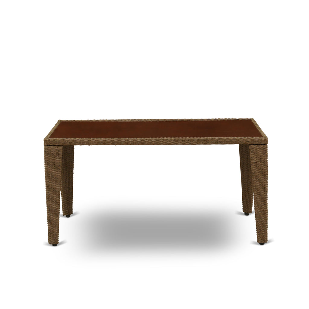 East West Furniture GUGU7-02A 7 Piece Outdoor Patio Conversation Sets Consist of a Rectangle Wicker Dining Table with Glass Top and 6 Backyard Armchair with Cushion