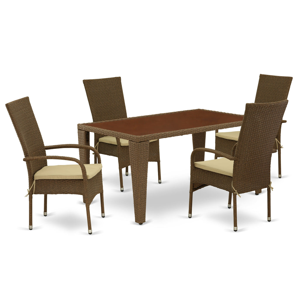 East West Furniture GUOS5-02A Juego de muebles de patio de 5 piezas Juego de exterior de mimbre Incluye una mesa de comedor rectangular con tapa de vidrio y 4 sillones de balcón con cojín