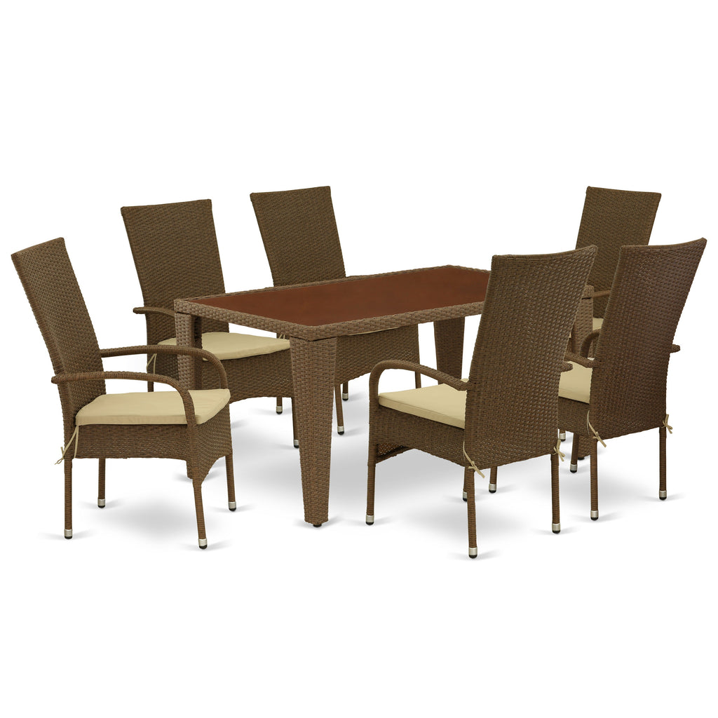 East West Furniture GUOS7-02A 7 Piece Outdoor Patio Conversation Sets Consist of a Rectangle Wicker Dining Table with Glass Top and 6 Backyard Armchair with Cushion