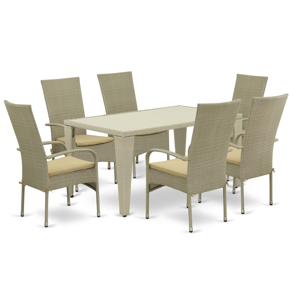 East West Furniture GUOS7-03A 7 Piece Wicker Patio Furniture Set Consist of a Rectangle Outdoor Table with Glass Top and 6 Balcony Backyard Armchair with Cushion