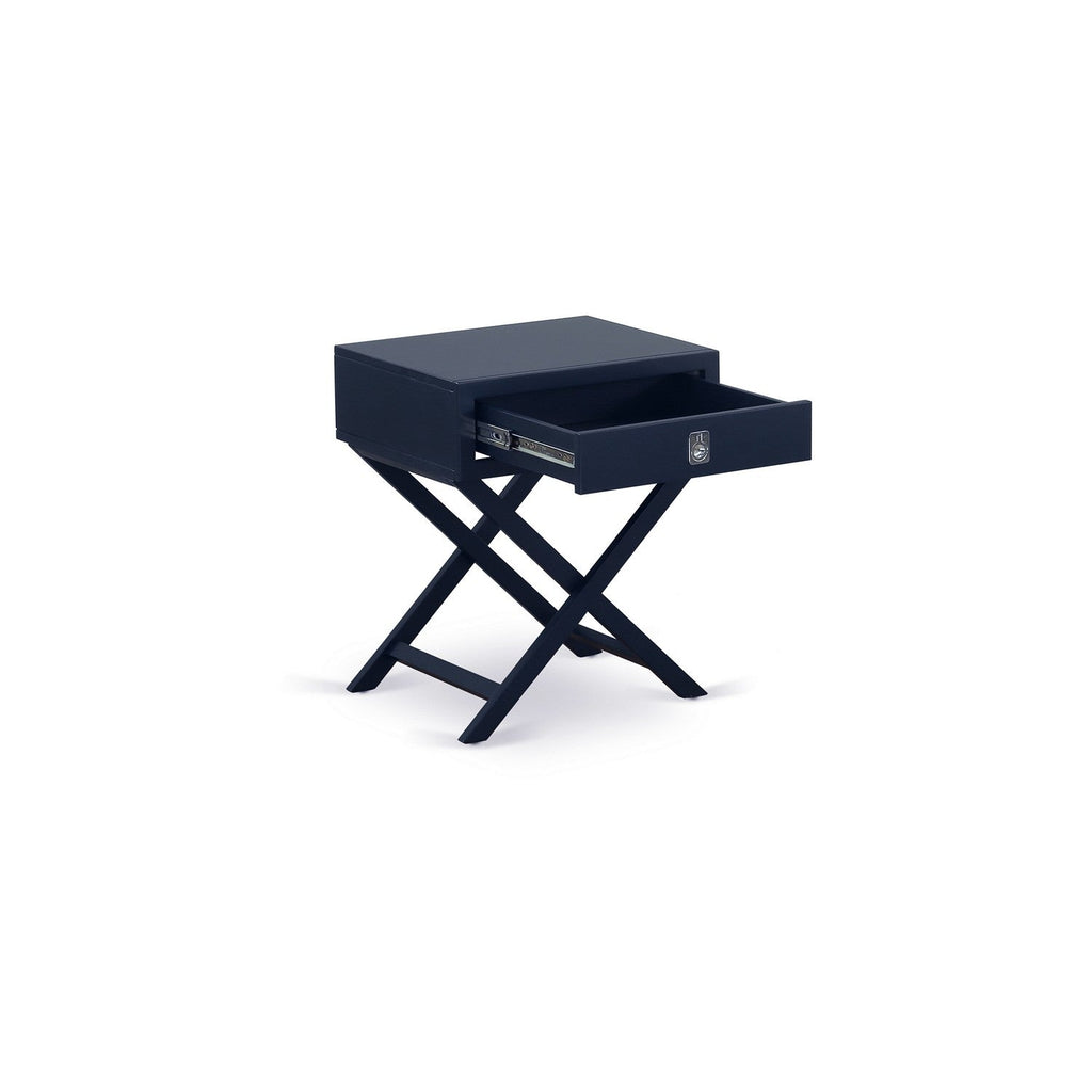 Juego de cama tamaño queen East West Furniture FN11Q-1HA15 de 2 piezas con plataforma y mesa auxiliar para dormitorio, tela de lino azul denim.