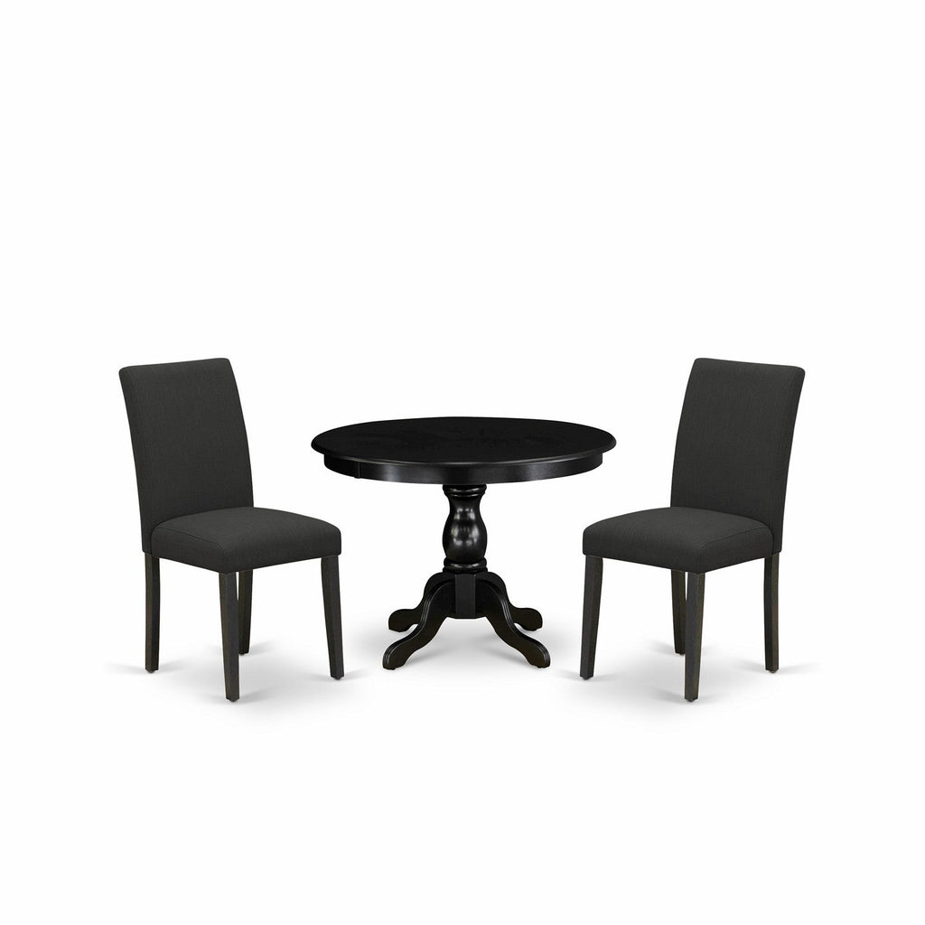 East West Furniture HBAB3-ABK-24 3 Piece Dining Room Table Set  Contains a Round Dining Table with Pedestal and 2 Black Color Linen Fabric Upholstered Chairs, 42x42 Inch, Wirebrushed Black
