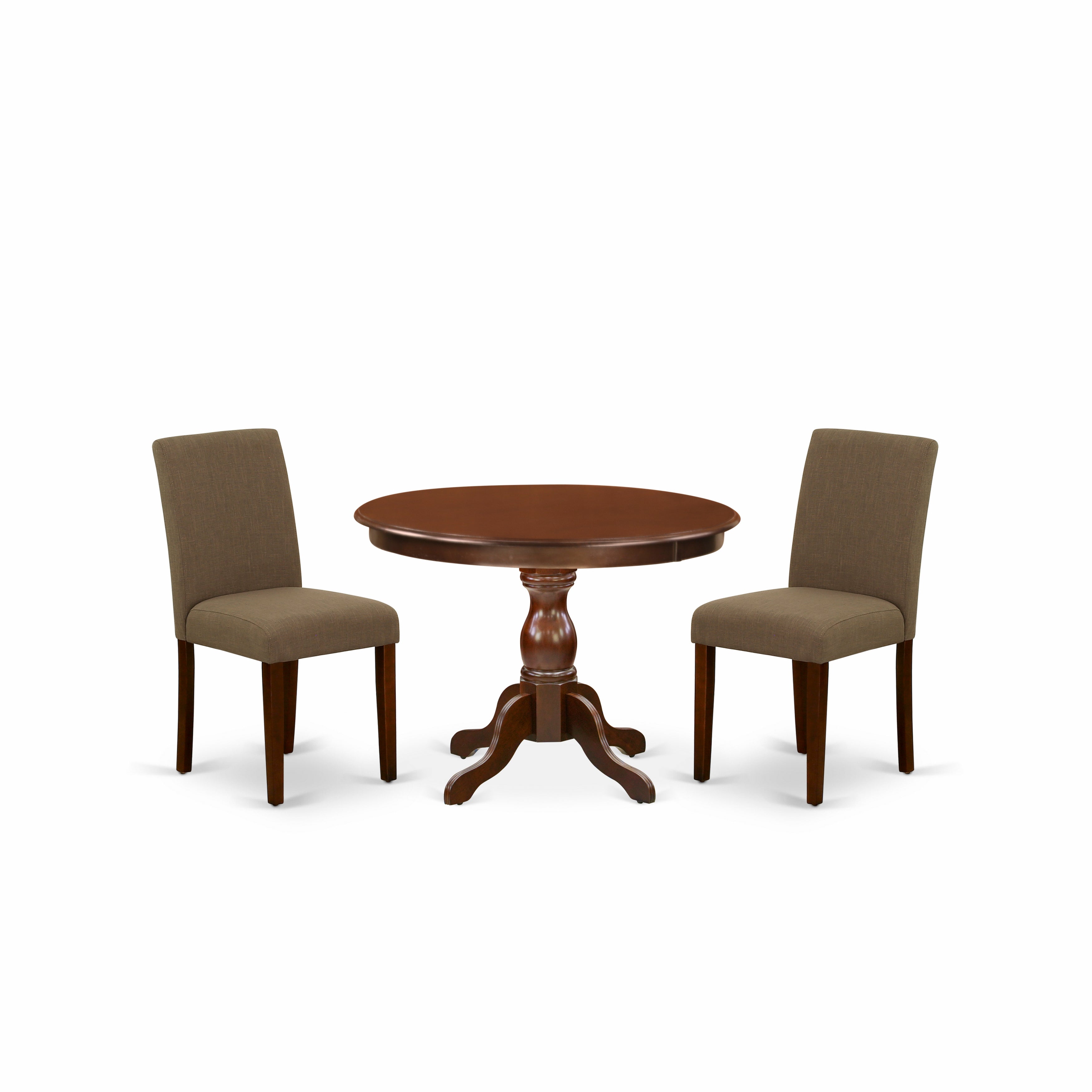 East West Furniture HBAB3-MAH-18 3 Piece Dining Table Set - Mahogany Dining Table and 2 Coffee Linen Fabric Mid Century Modern Chairs with High Back - Mahogany Finish