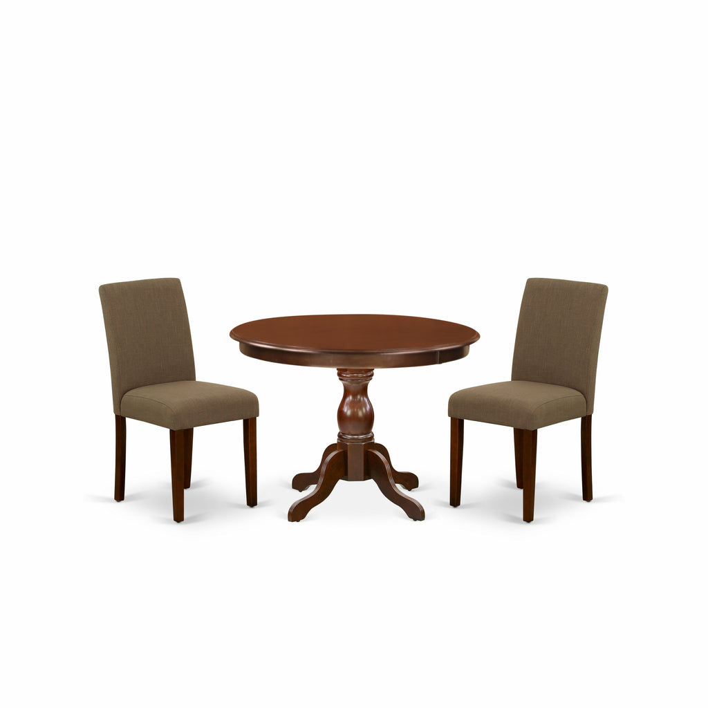 East West Furniture HBAB3-MAH-18 3 Piece Dining Room Table Set  Contains a Round Kitchen Table with Pedestal and 2 Coffee Linen Fabric Parson Dining Chairs, 42x42 Inch, Mahogany