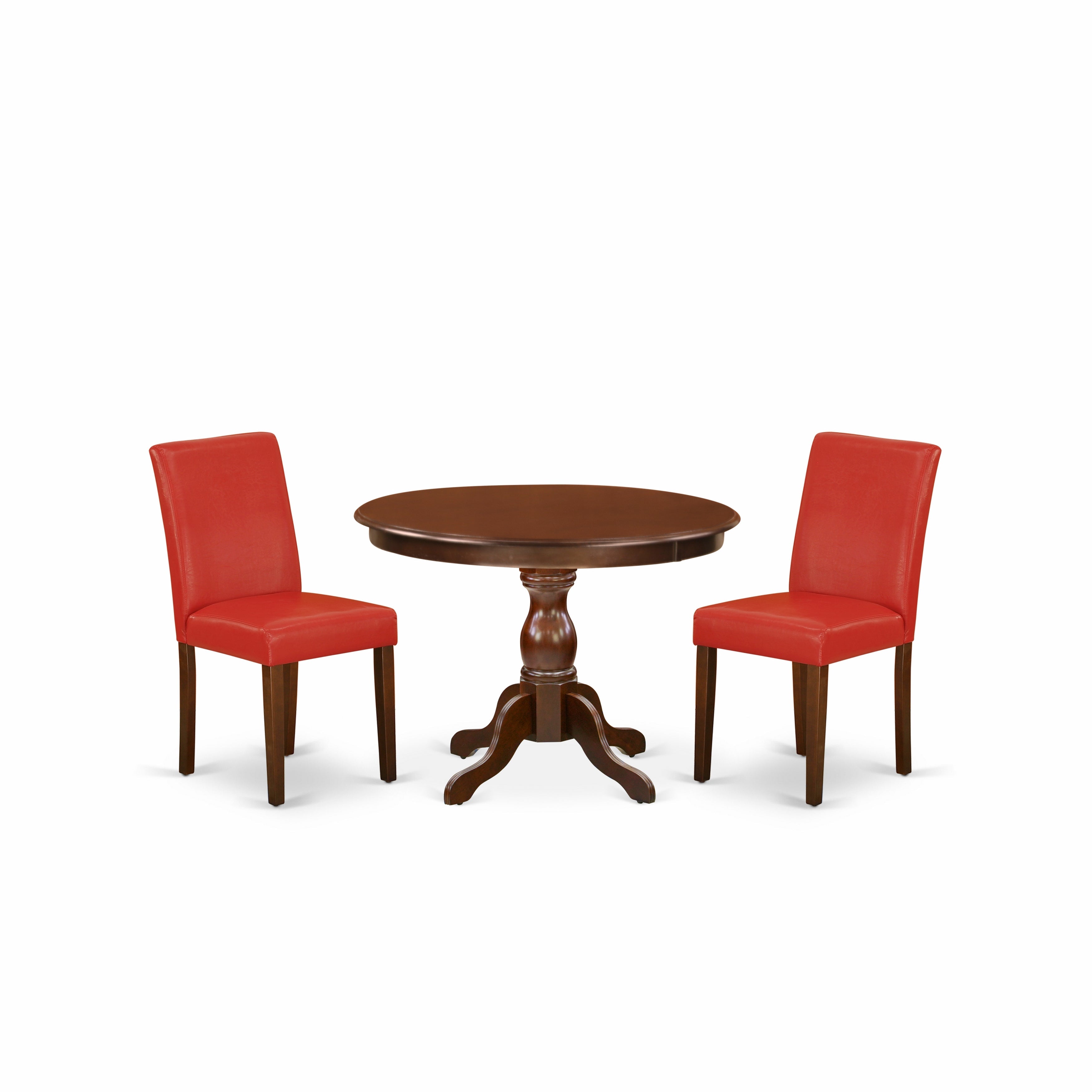 East West Furniture HBAB3-MAH-72 3 Piece Table and Chairs Dining Set - Mahogany Dinner Table and 2 Firebrick Red PU faux Leather Mid Century Modern Chairs with High Back - Mahogany Finish