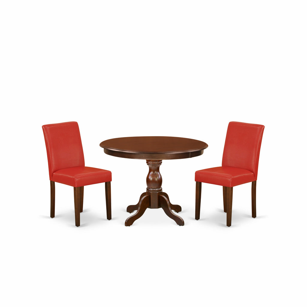 East West Furniture HBAB3-MAH-72 3 Piece Dining Table Set Contains a Round Dining Room Table with Pedestal and 2 Firebrick Red Faux Leather Parsons Chairs, 42x42 Inch, Mahogany