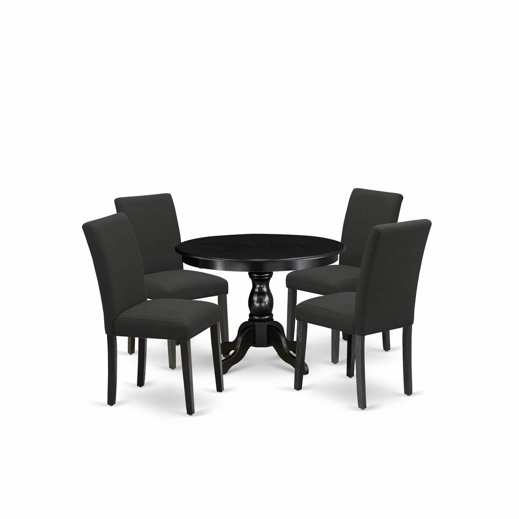 Juego de comedor de 5 piezas East West Furniture HBAB5-ABK-24 para 4 personas. Incluye una mesa de comedor redonda con pedestal y 4 sillas de comedor Parson de tela de lino de color negro.