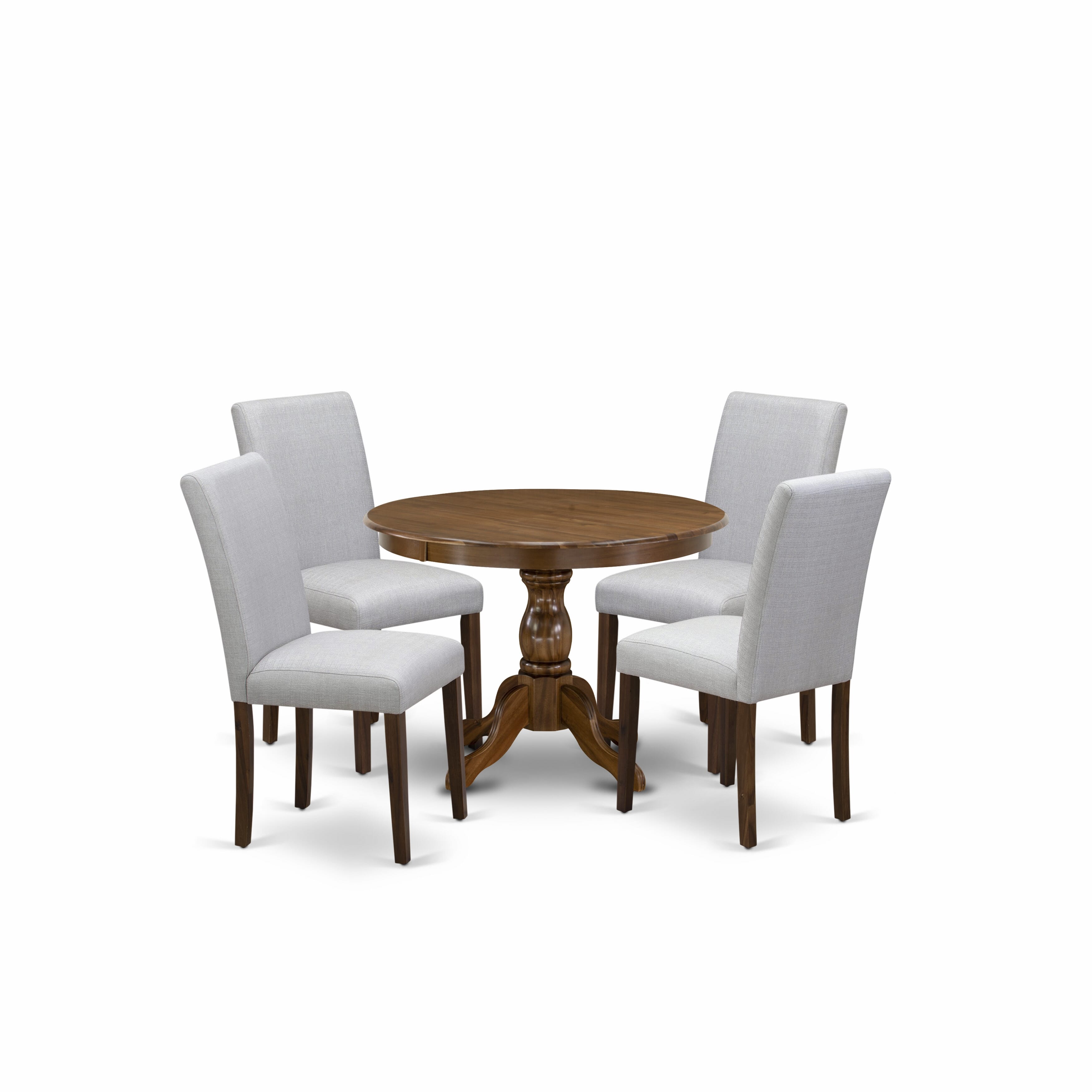Juego de comedor de 5 piezas East West Furniture HBAB5-AWA-05. Incluye una mesa de comedor redonda con pedestal y 4 sillas tapizadas en tela de lino gris.