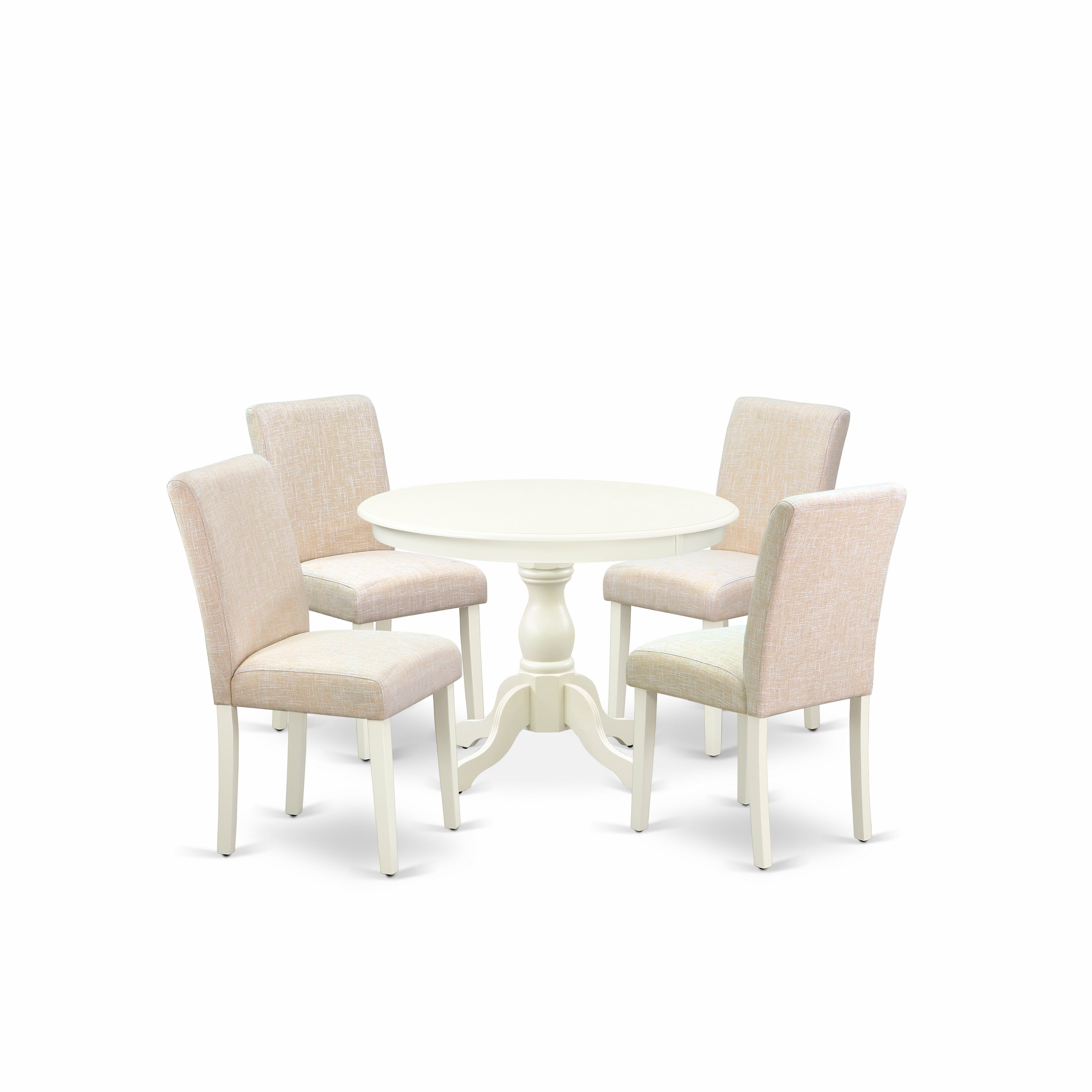 Juego de mesa de comedor de 5 piezas HBAB5-LWH-02 de East West Furniture. Incluye una mesa de comedor redonda con pedestal y 4 sillas Parson tapizadas en tela de lino beige claro.
