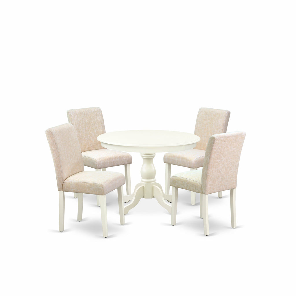 East West Furniture HBAB5-LWH-02 5 Piece Dining Room Table Set Includes a Round Dining Table with Pedestal and 4 Light Beige Linen Fabric Upholstered Parson Chairs
