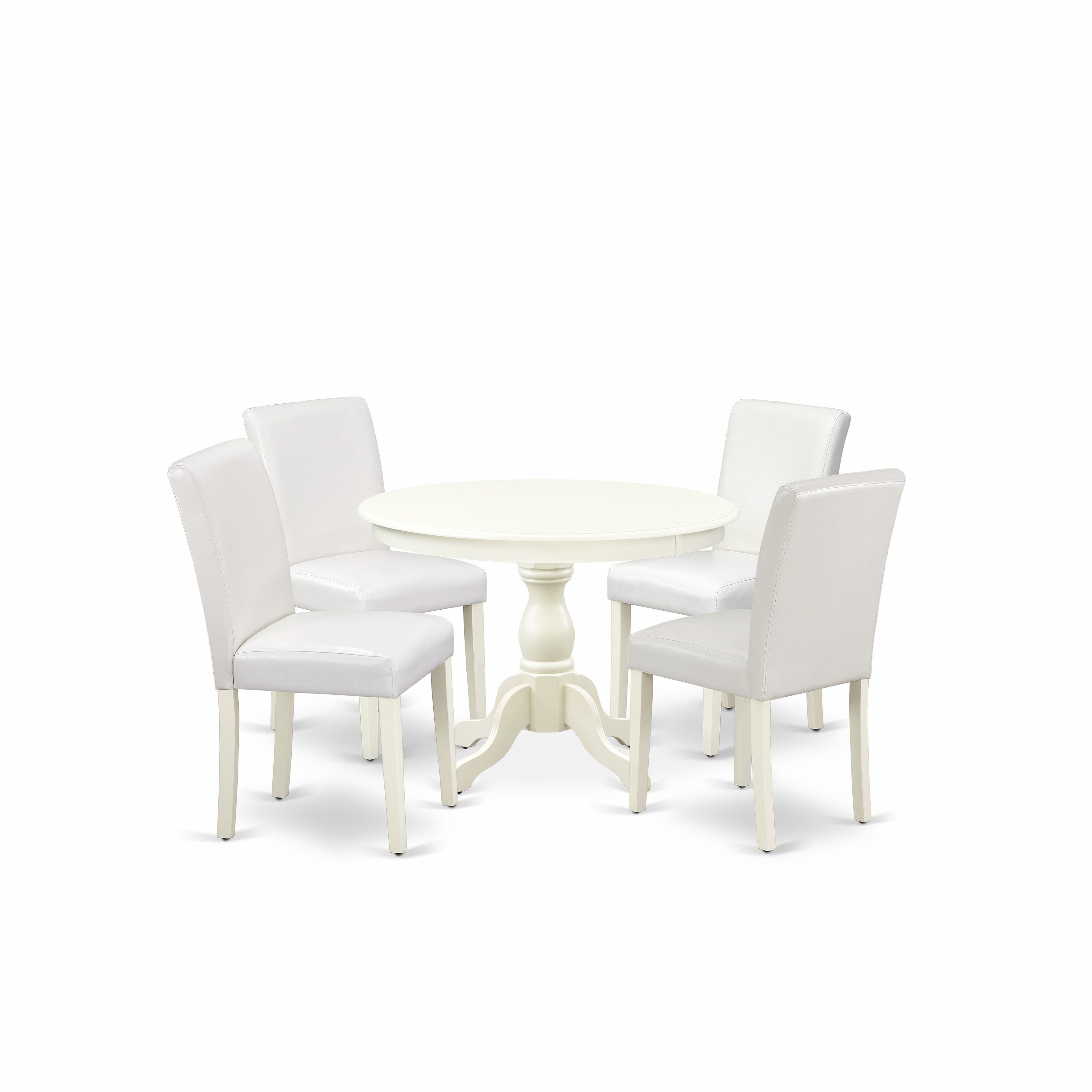 Juego de comedor de 5 piezas East West Furniture HBAB5-LWH-64. Incluye una mesa de comedor redonda con pedestal y 4 sillas Parson tapizadas en piel sintética blanca.