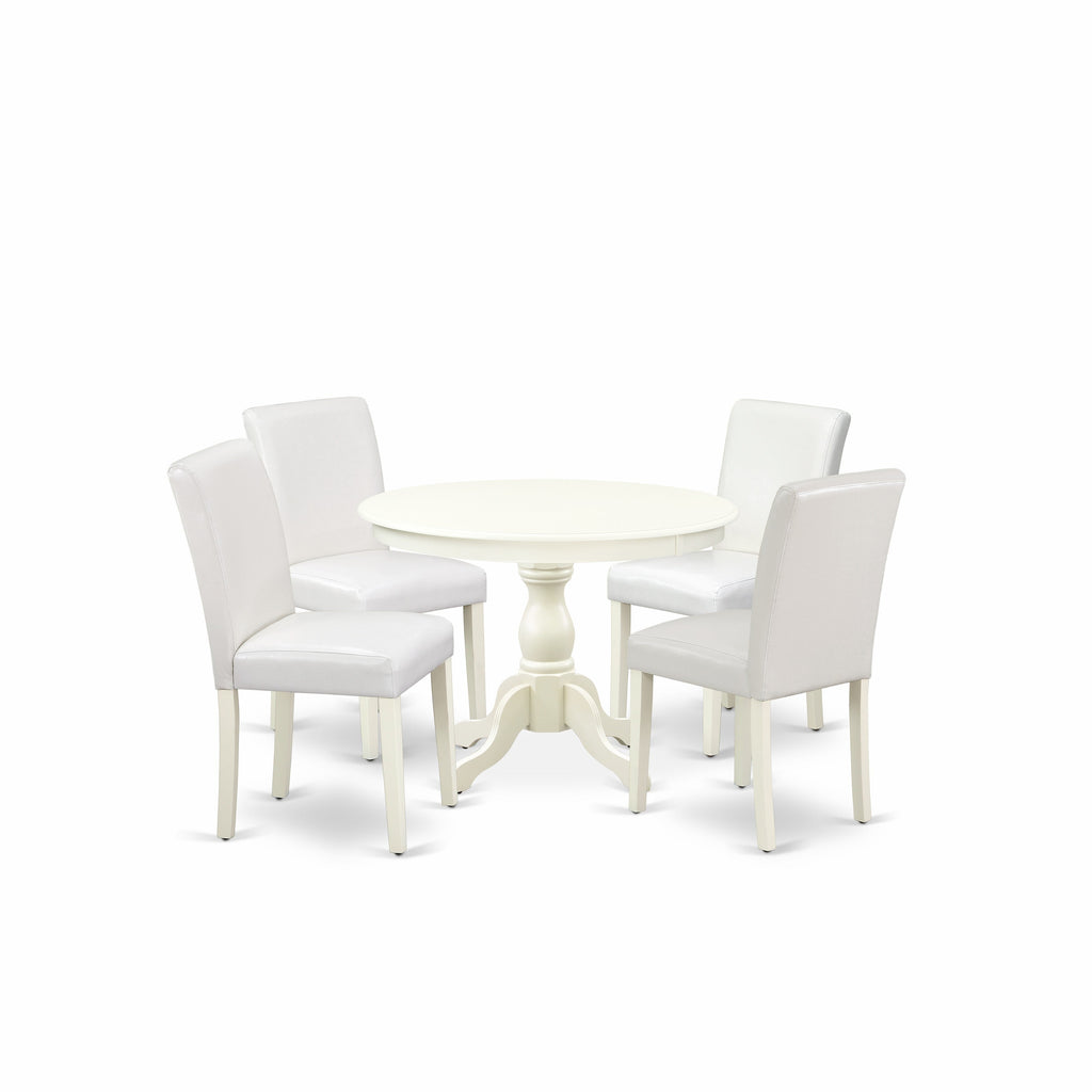 East West Furniture HBAB5-LWH-64 5 Piece Dining Set Includes a Round Dining Room Table with Pedestal and 4 White Faux Leather Upholstered Parson Chairs, 42x42 Inch, Linen White