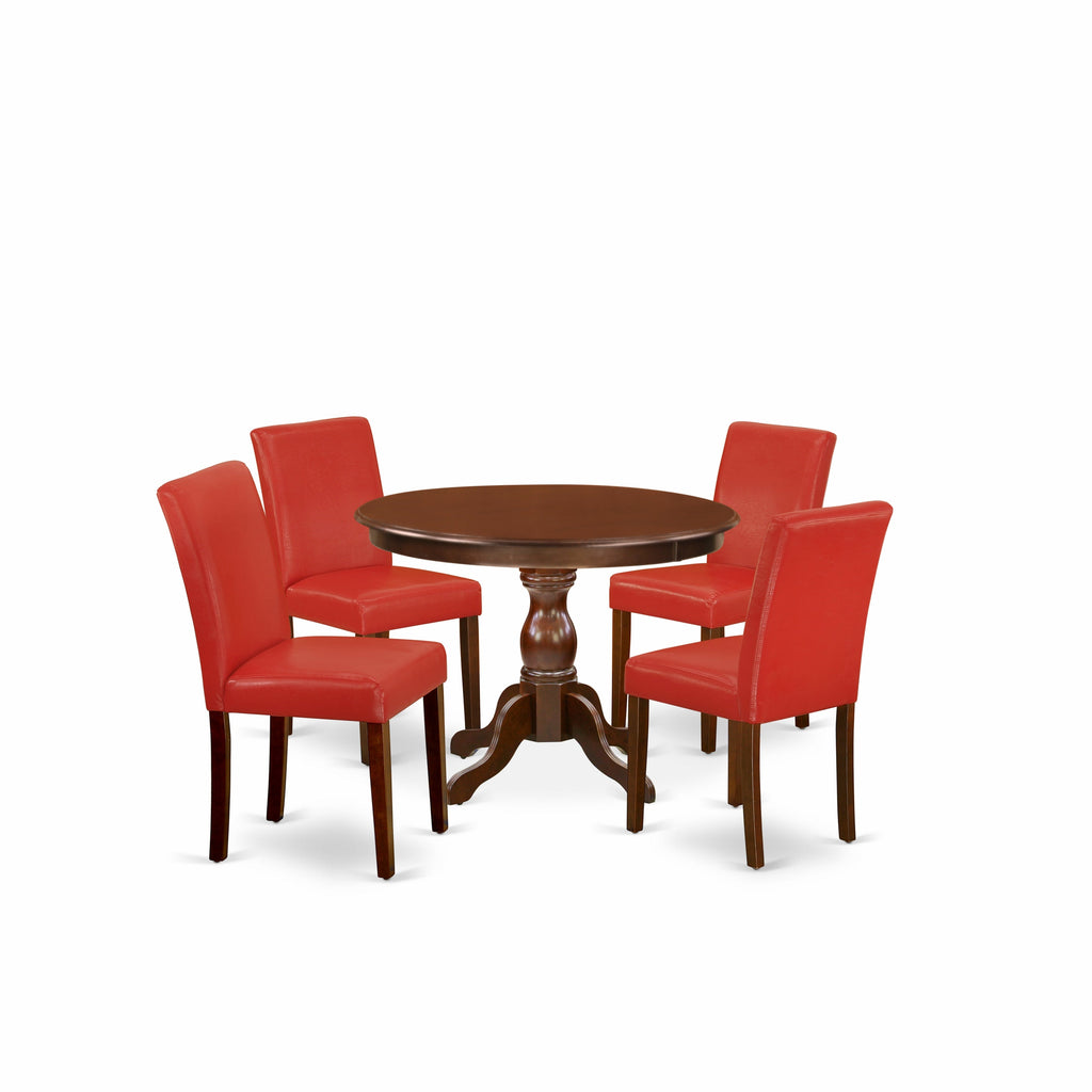 East West Furniture HBAB5-MAH-72 5 Piece Dining Table Set Includes a Round Wooden Table with Pedestal and 4 Firebrick Red Faux Leather Parson Dining Room Chairs