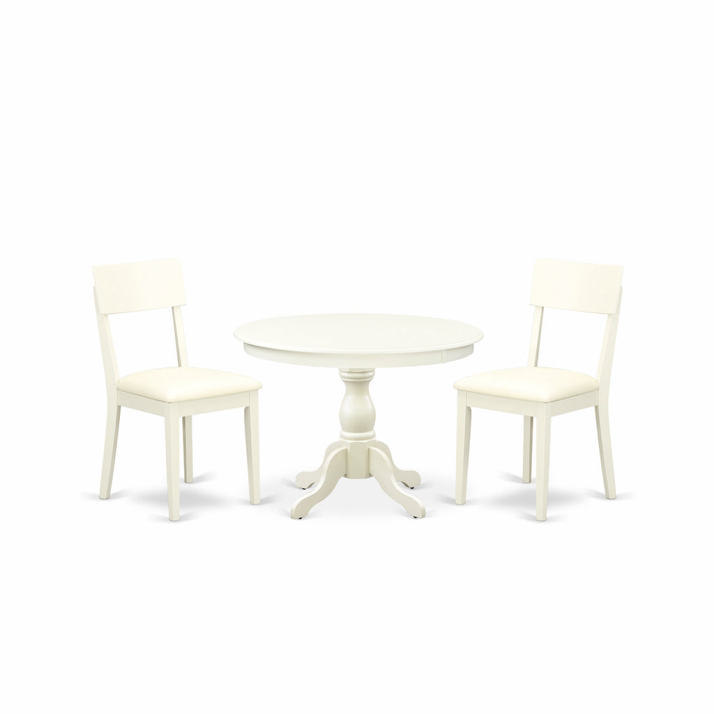 Juego de mesa de cocina de 3 piezas East West Furniture HBAD3-LWH-LC para espacios pequeños. Incluye una mesa de comedor redonda con pedestal y dos sillas de comedor de piel sintética.
