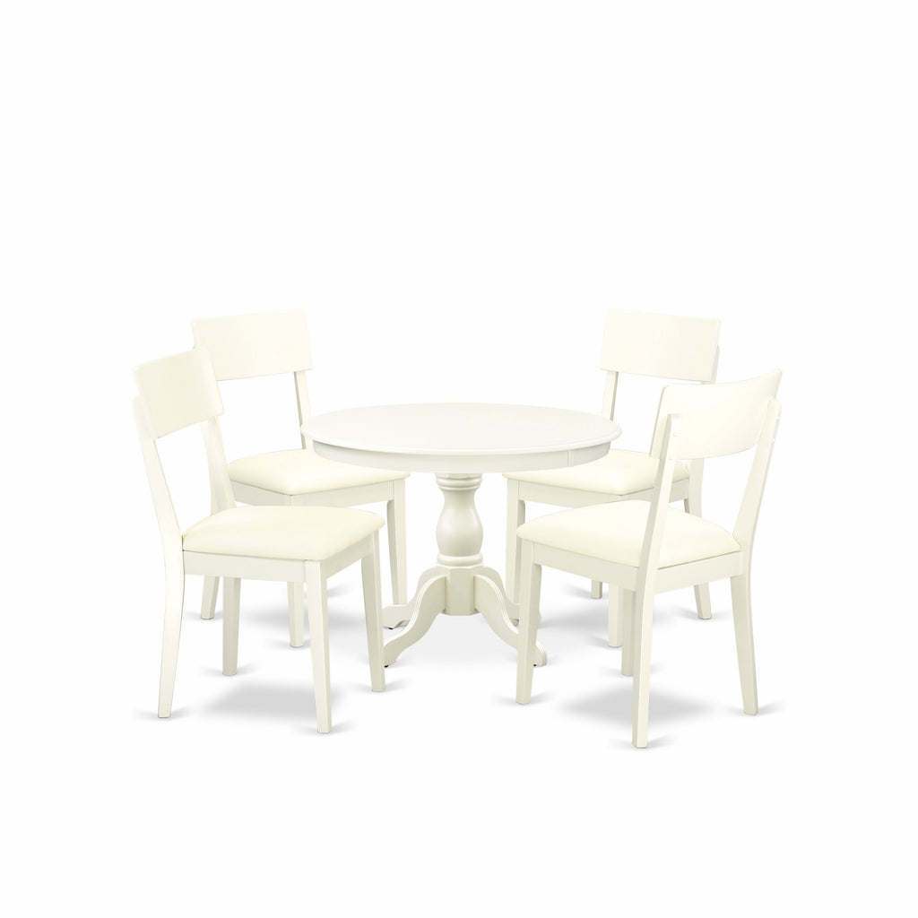 East West Furniture HBAD5-LWH-LC 5 Piece Dining Set Includes a Round Dining Room Table with Pedestal and 4 Faux Leather Upholstered Chairs, 42x42 Inch, Linen White
