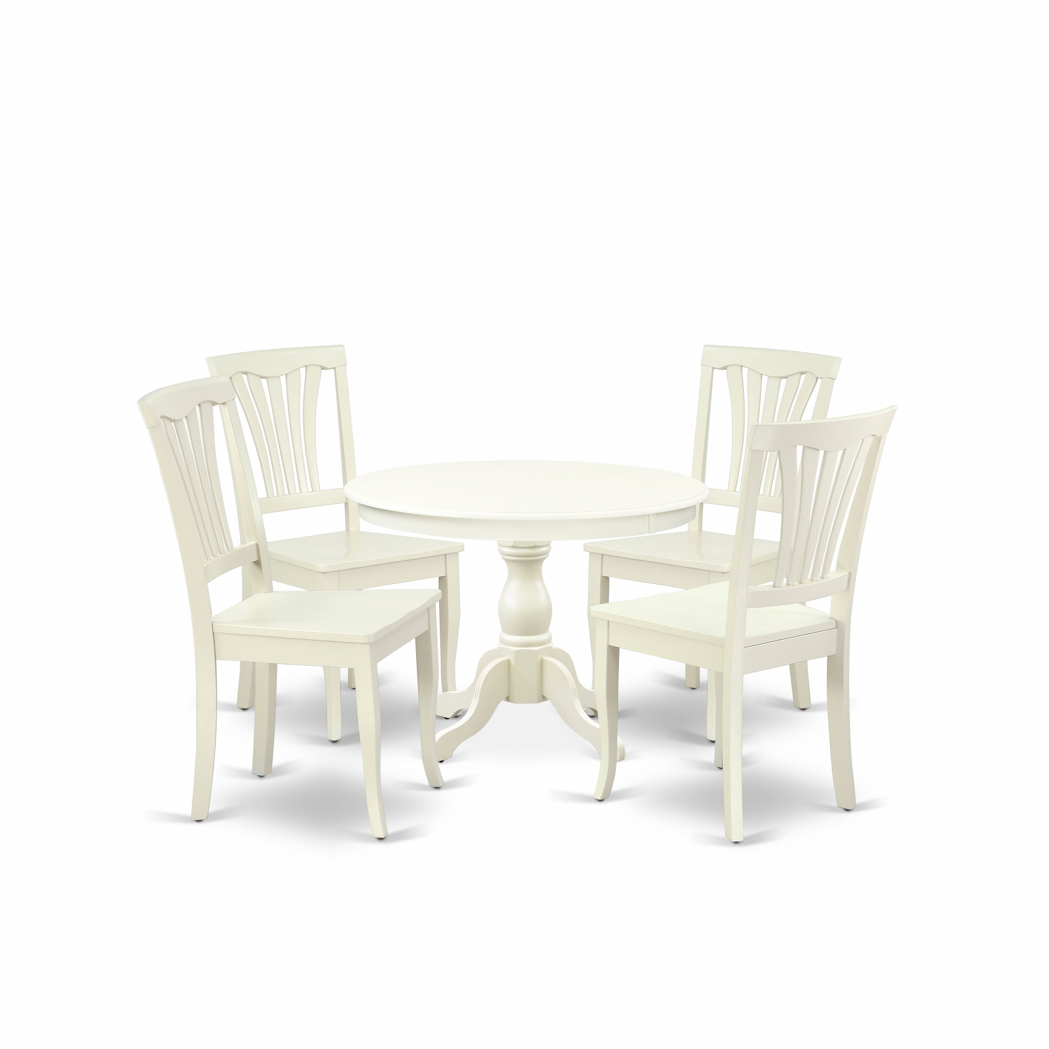 Juego de mesa de comedor de 5 piezas East West Furniture HBAV5-LWH-W. Incluye una mesa de cocina redonda con pedestal y 4 sillas de comedor.
