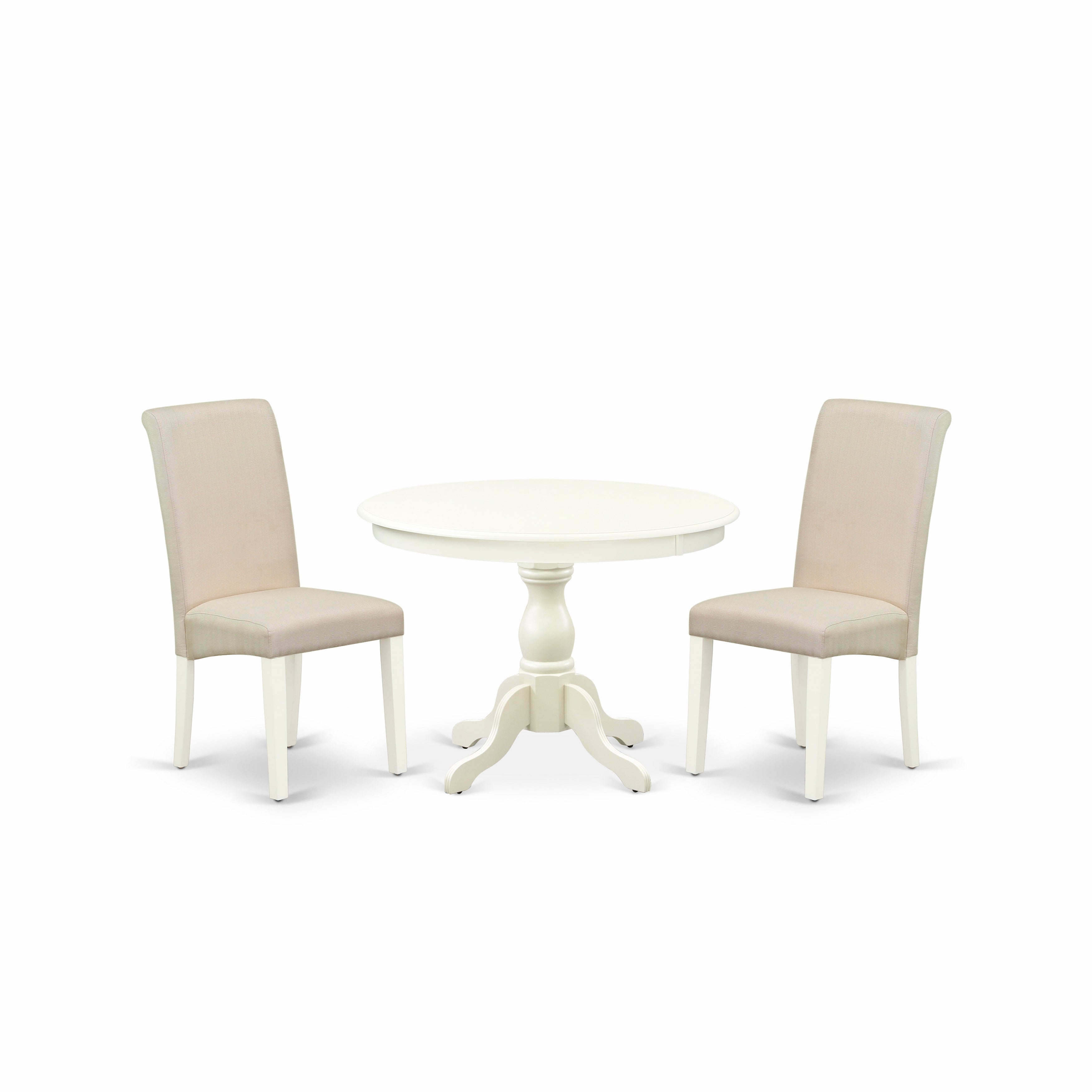 East West Furniture HBBA3-LWH-01 3 Piece Dining Room Set - linen white Dining Table and 2 Cream Linen Fabric Comfortable Chairs with High Back - linen white Finish