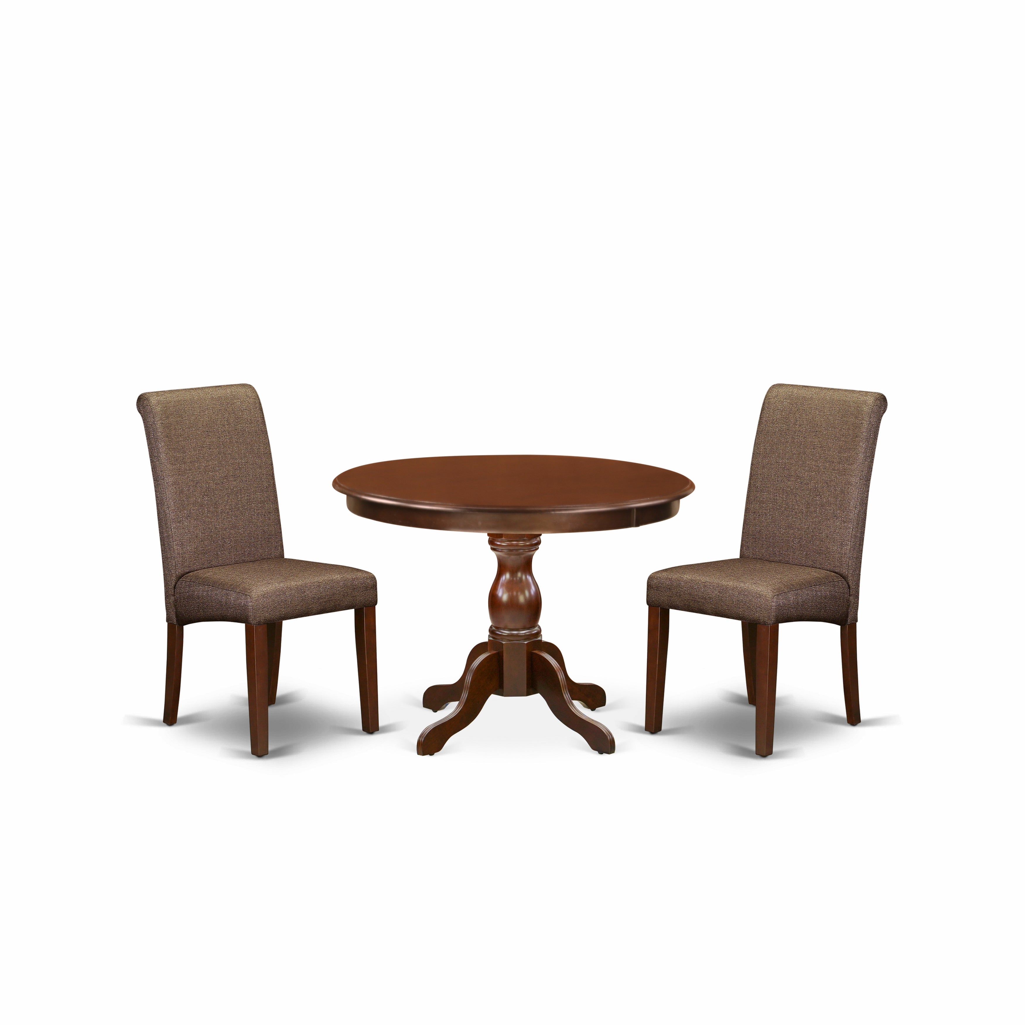 East West Furniture HBBA3-MAH-18 3 Piece Table and Chairs Dining Set - Mahogany Wood Dining Table and 2 Brown faux Leather Dining Room Chairs with High Back - Mahogany Finish